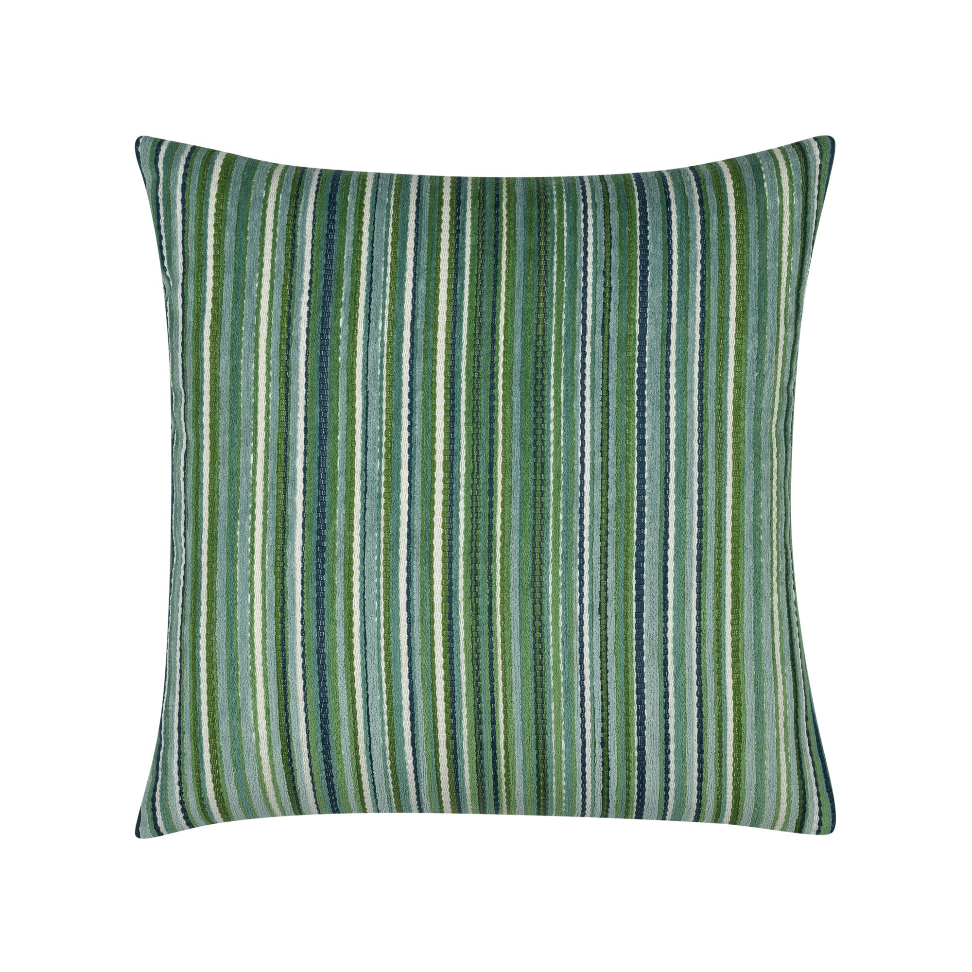 Pillow made from Small scale chenille striped outdoor safe velvet fabric in natural green tones
