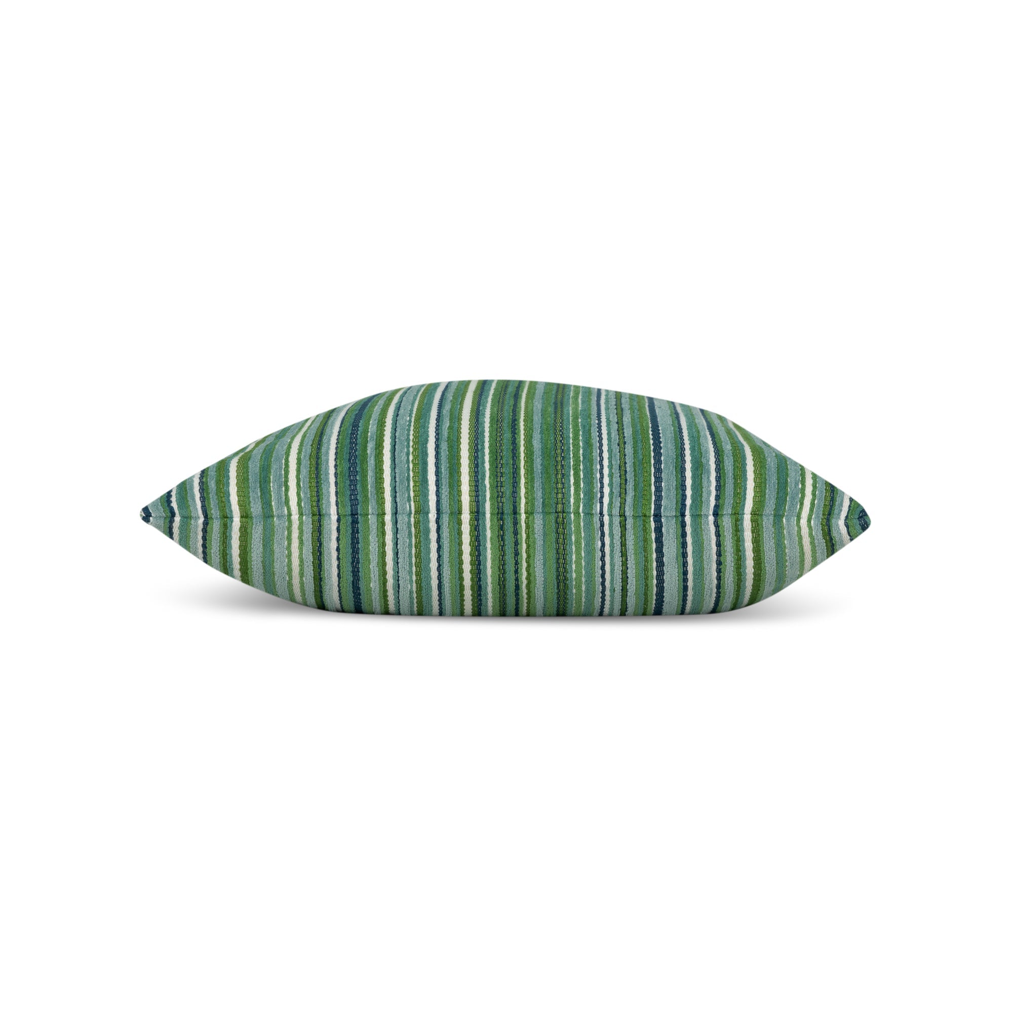 Side image of Green striped velvet pillow square size for contemporary patio decor