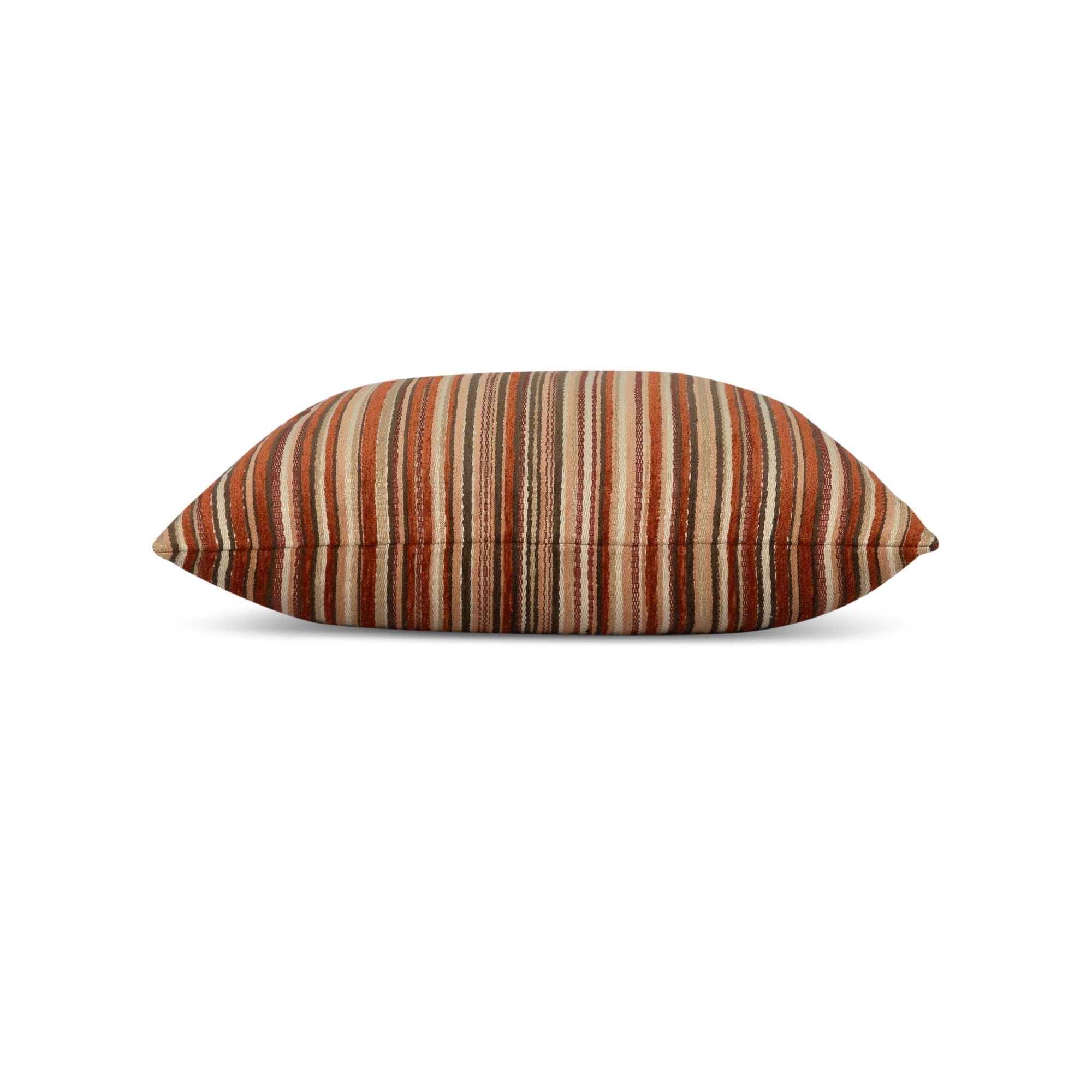 Side image of Orange striped velvet pillow square size for bold indoor and outdoor decor