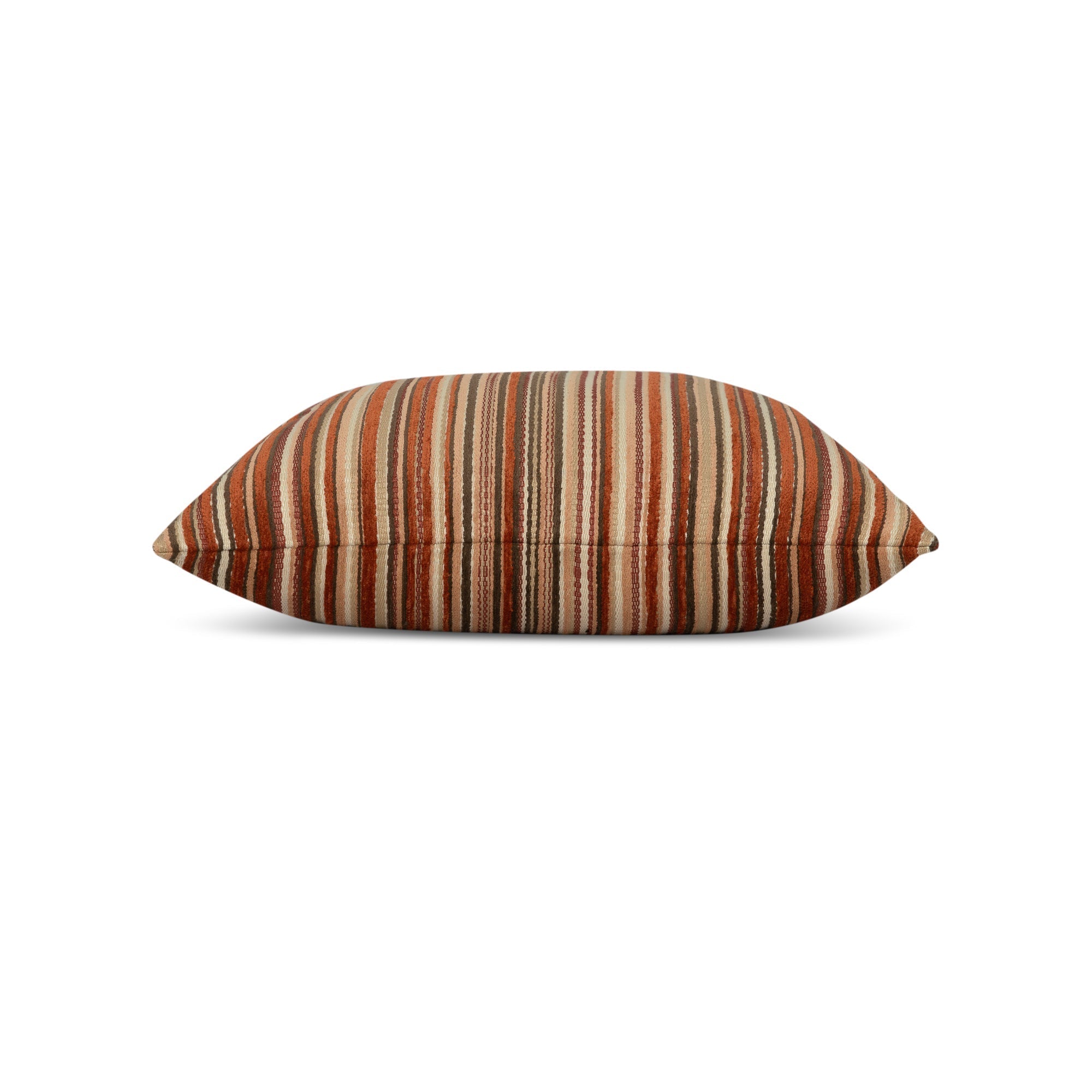 Side image of Orange striped velvet pillow square size for bold indoor and outdoor decor