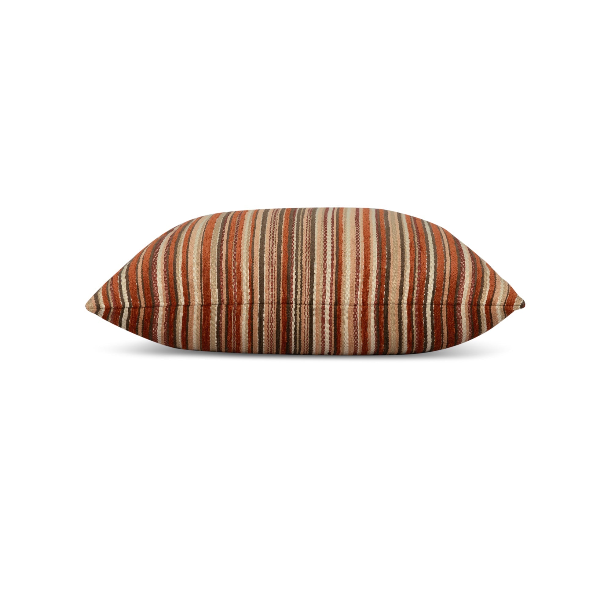 Side image of Orange striped velvet pillow square size for bold indoor and outdoor decor
