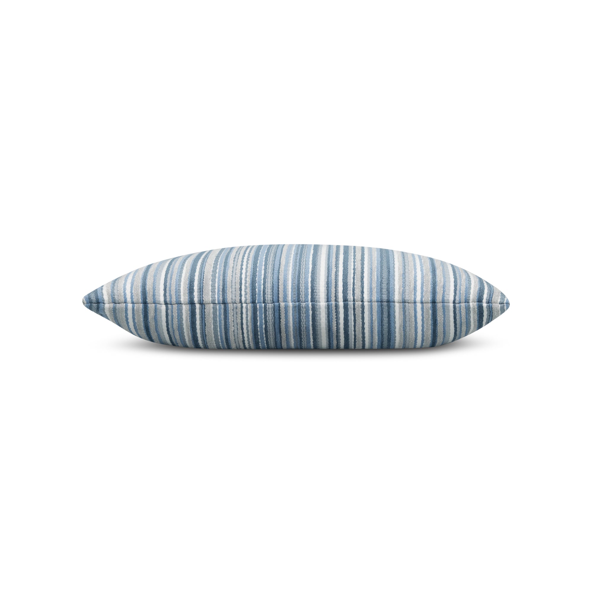 Side image of Blue striped velvet pillow lumbar size for transitional patio decor