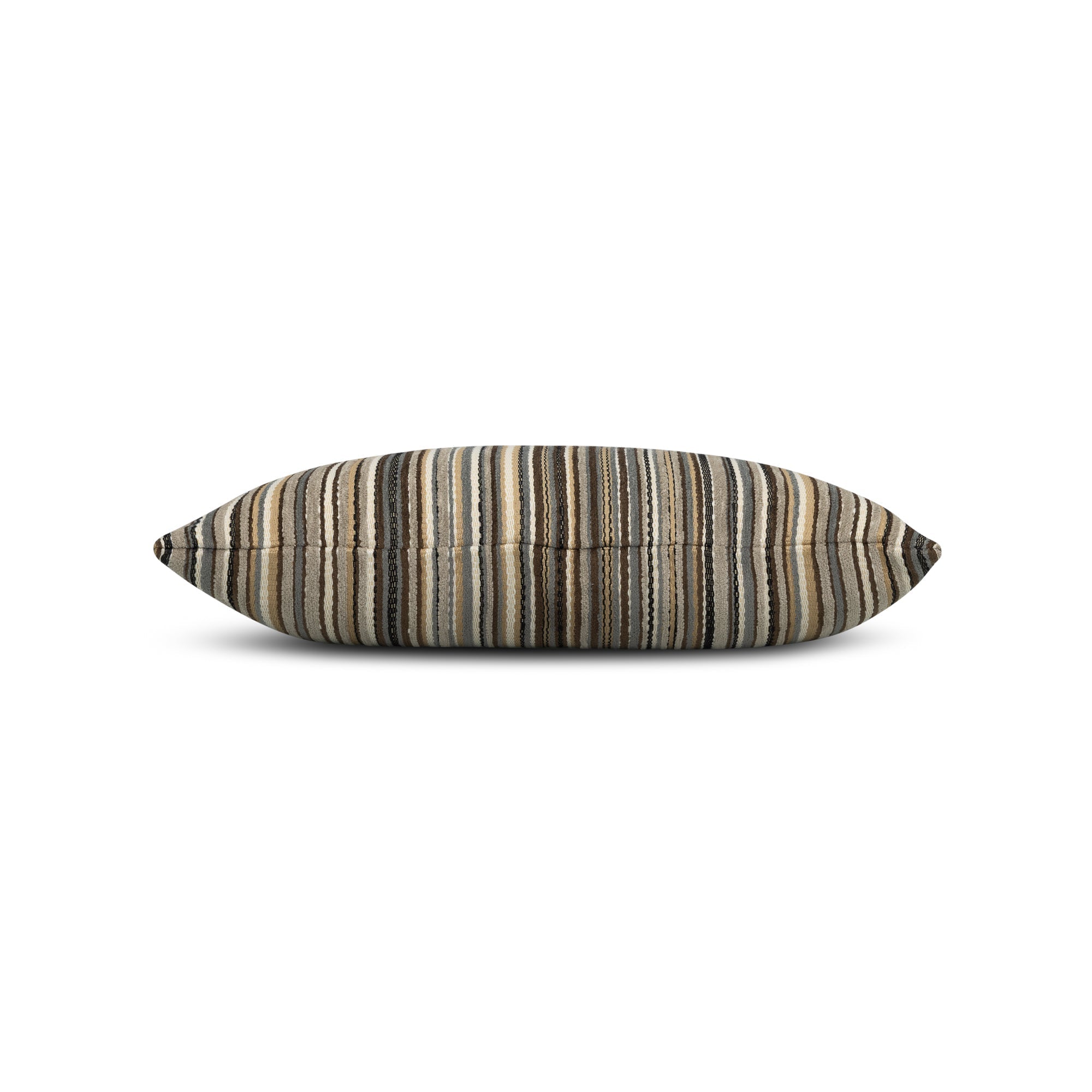 Side image of Brown striped textured velvet pillow lumbar size for natural patio decor