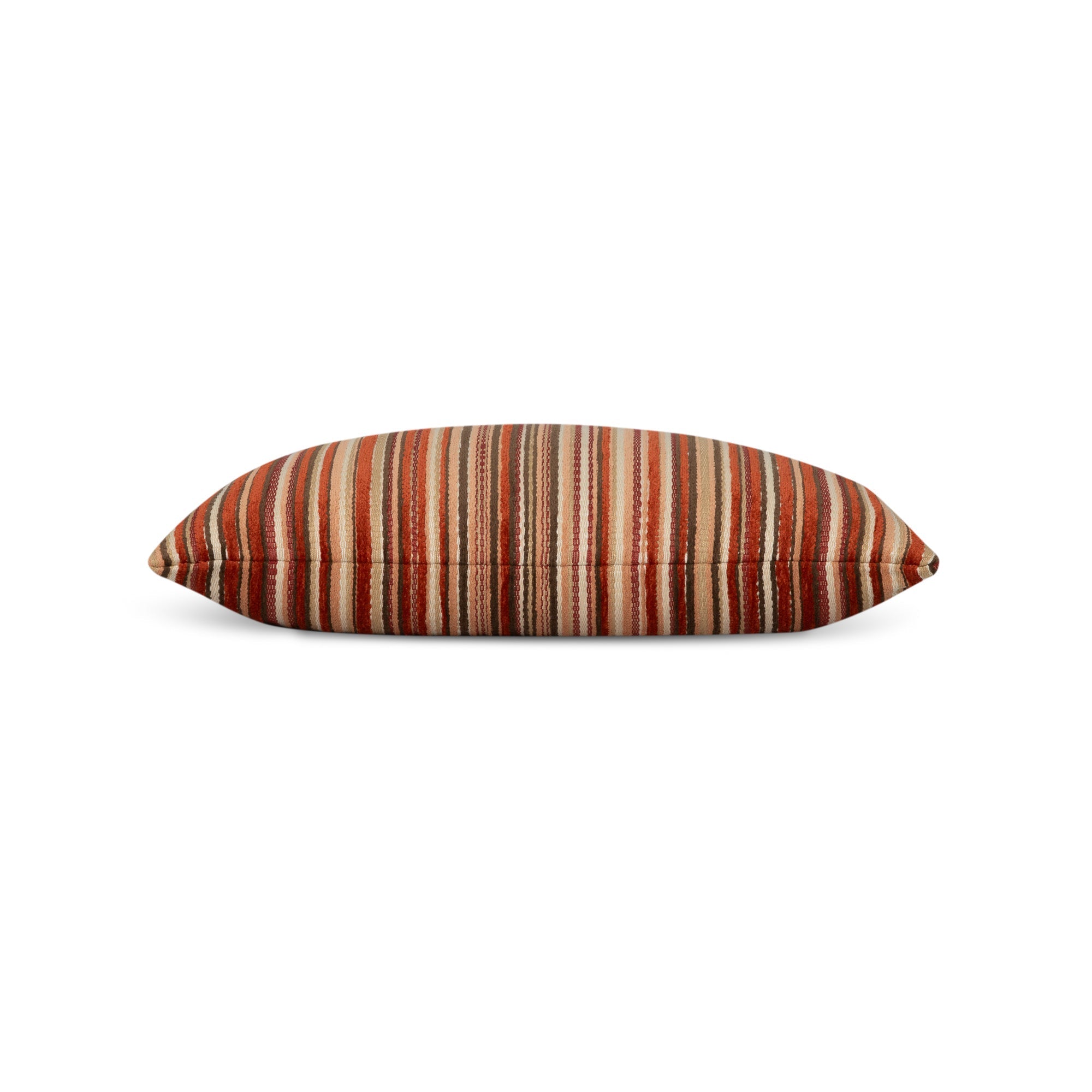 Side image of Orange striped velvet pillow lumbar size for bold indoor and outdoor decor