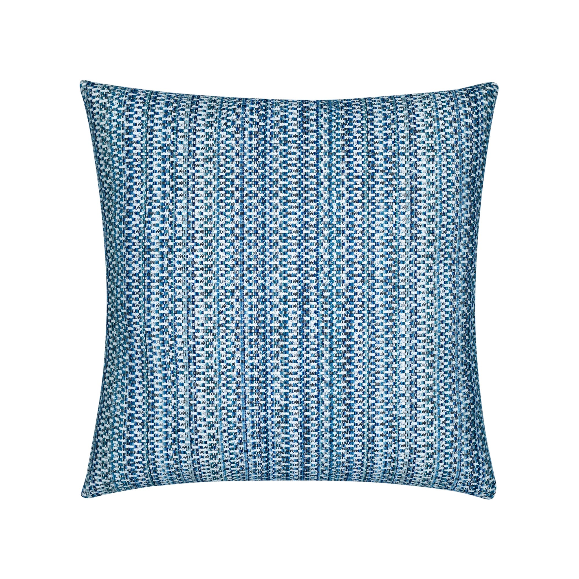 Pillow made from Indigo-colored multi-colored chenille kaleidoscope design in performance outdoor safe fabric
