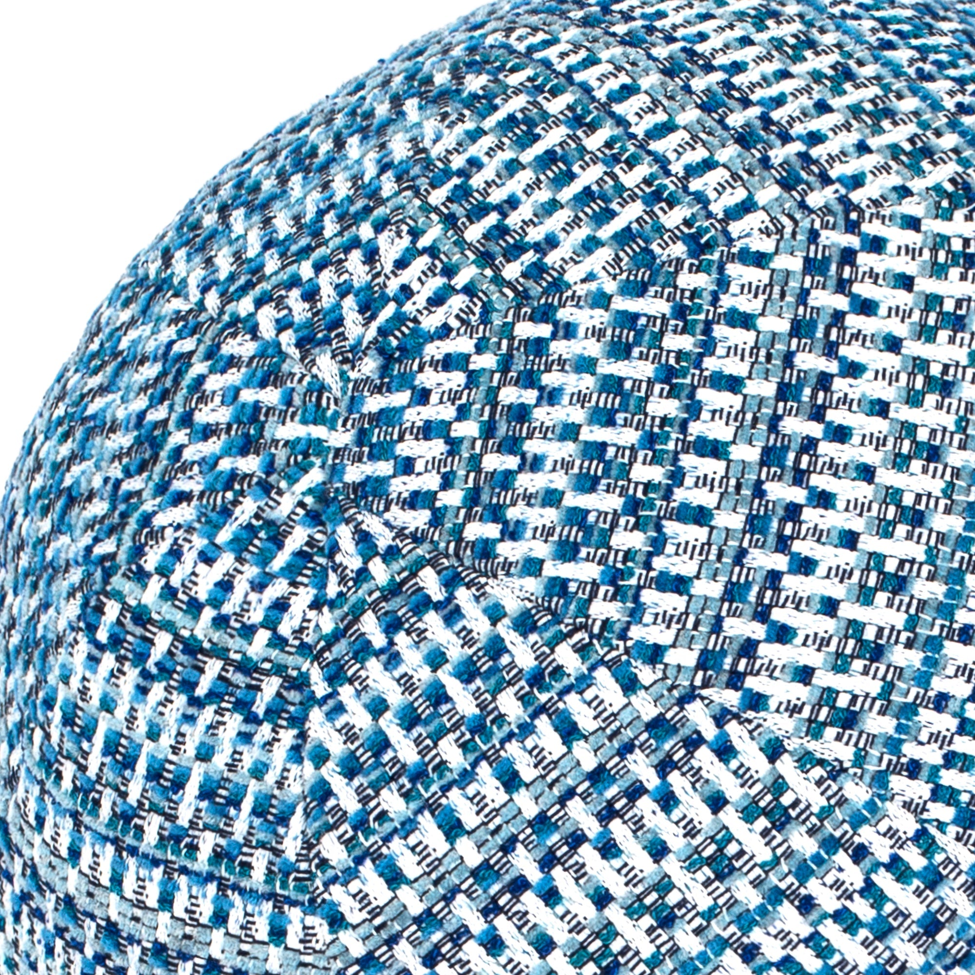 Detail image of Round blue outdoor pillow with textured finish for stylish patio decor