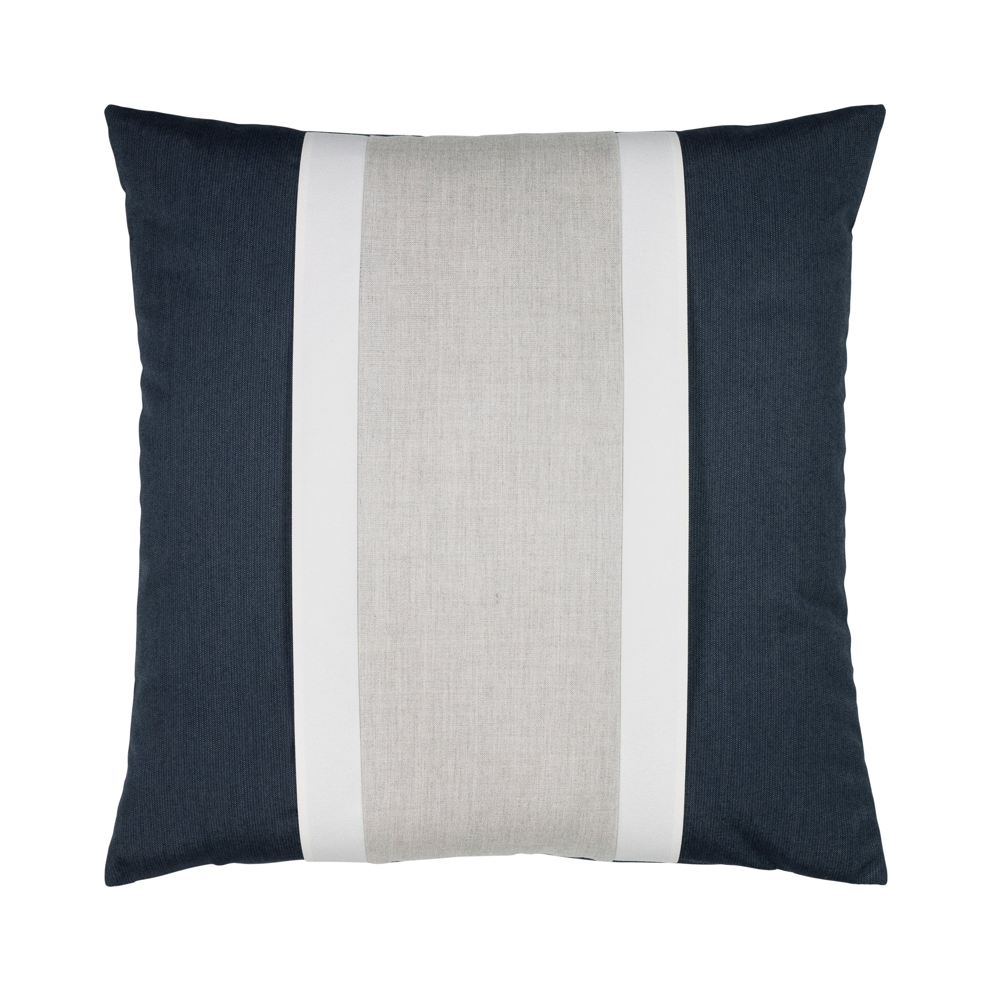 Navy outdoor pillow with white and gray center banding in square size for sophisticated indoor and outdoor decor