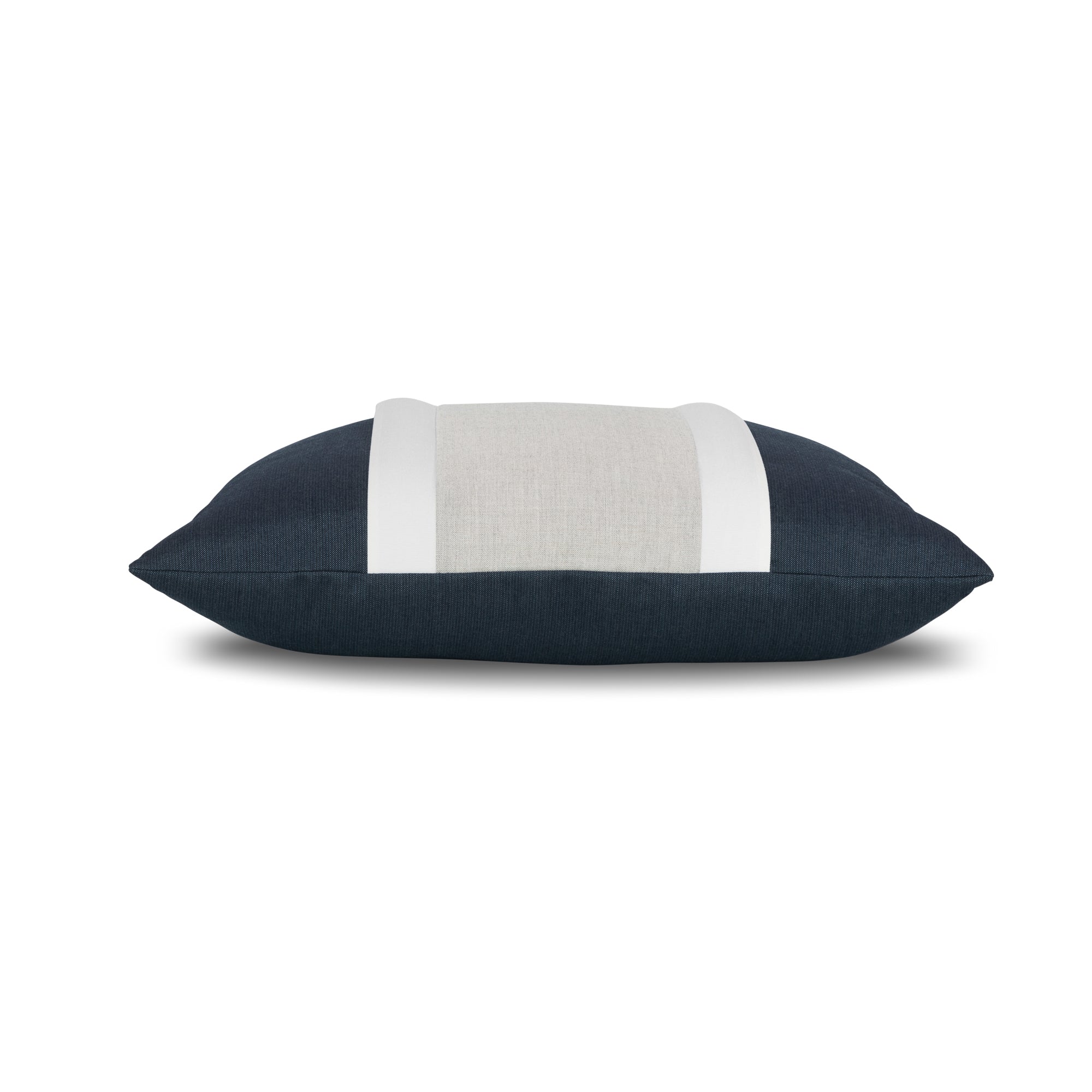 Side image of Navy outdoor pillow with white and gray center banding in square size for sophisticated indoor and outdoor decor