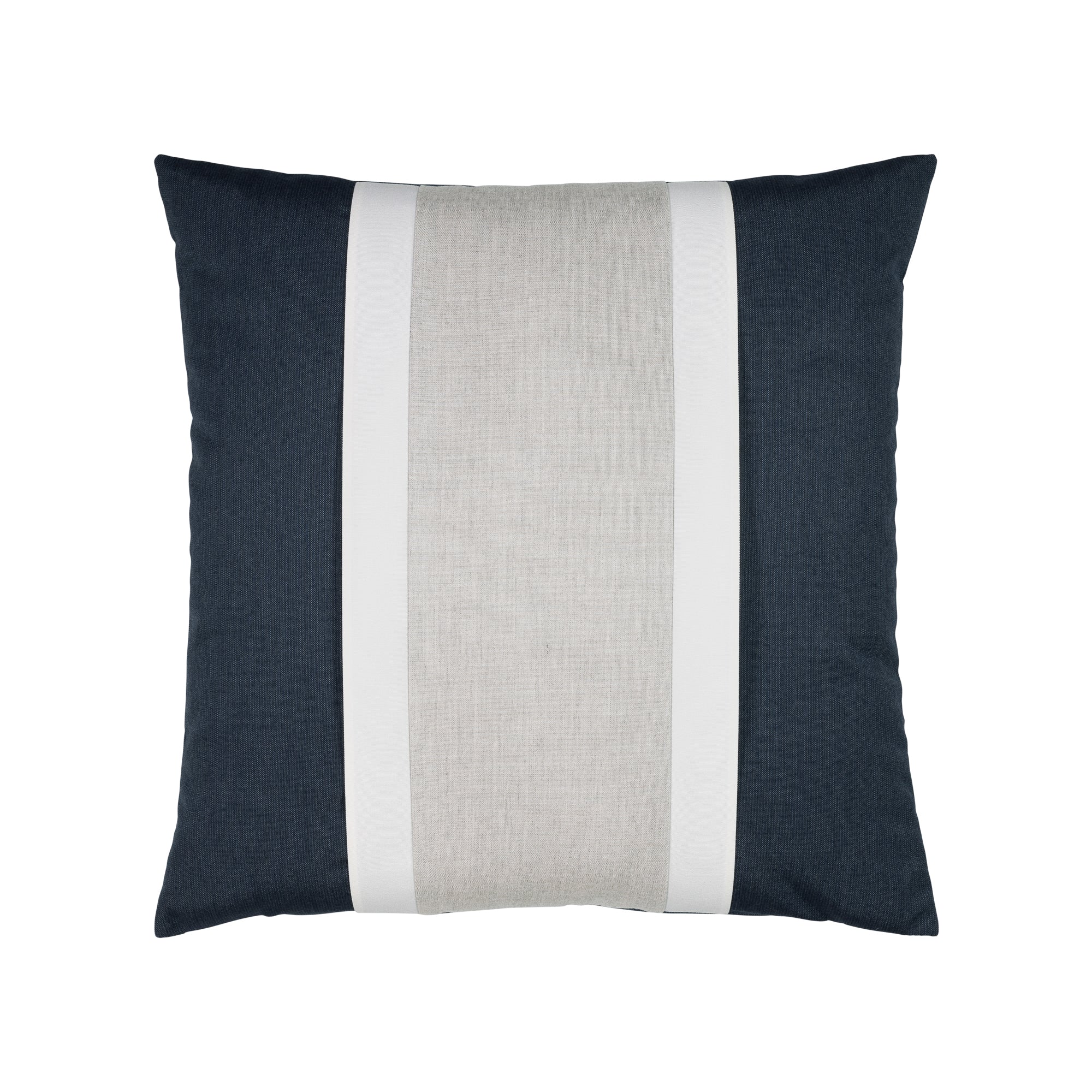 Navy outdoor pillow with white and gray center banding in square size for timeless indoor and outdoor decor