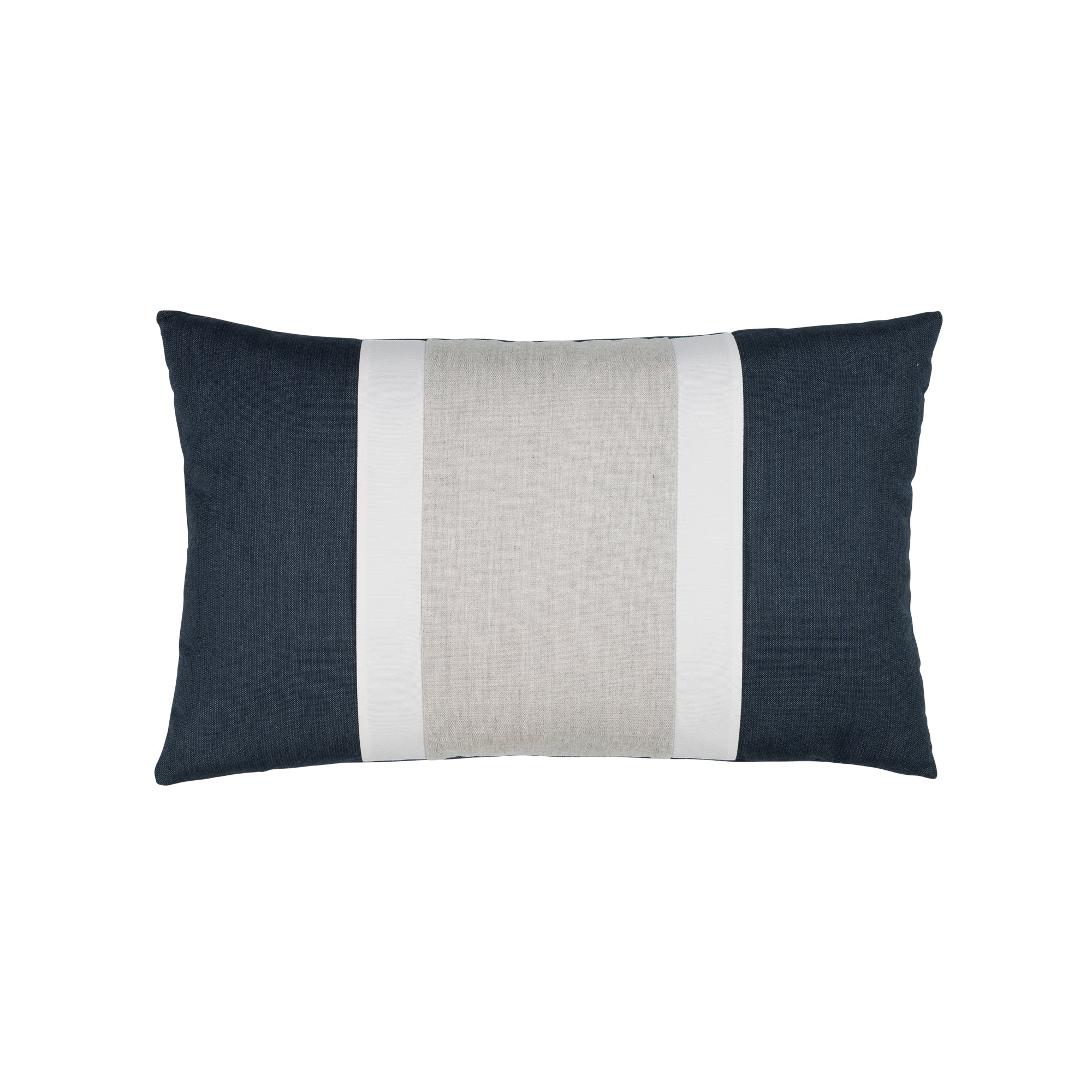 Navy outdoor pillow with white and gray center banding lumbar size for elegant indoor and outdoor decor