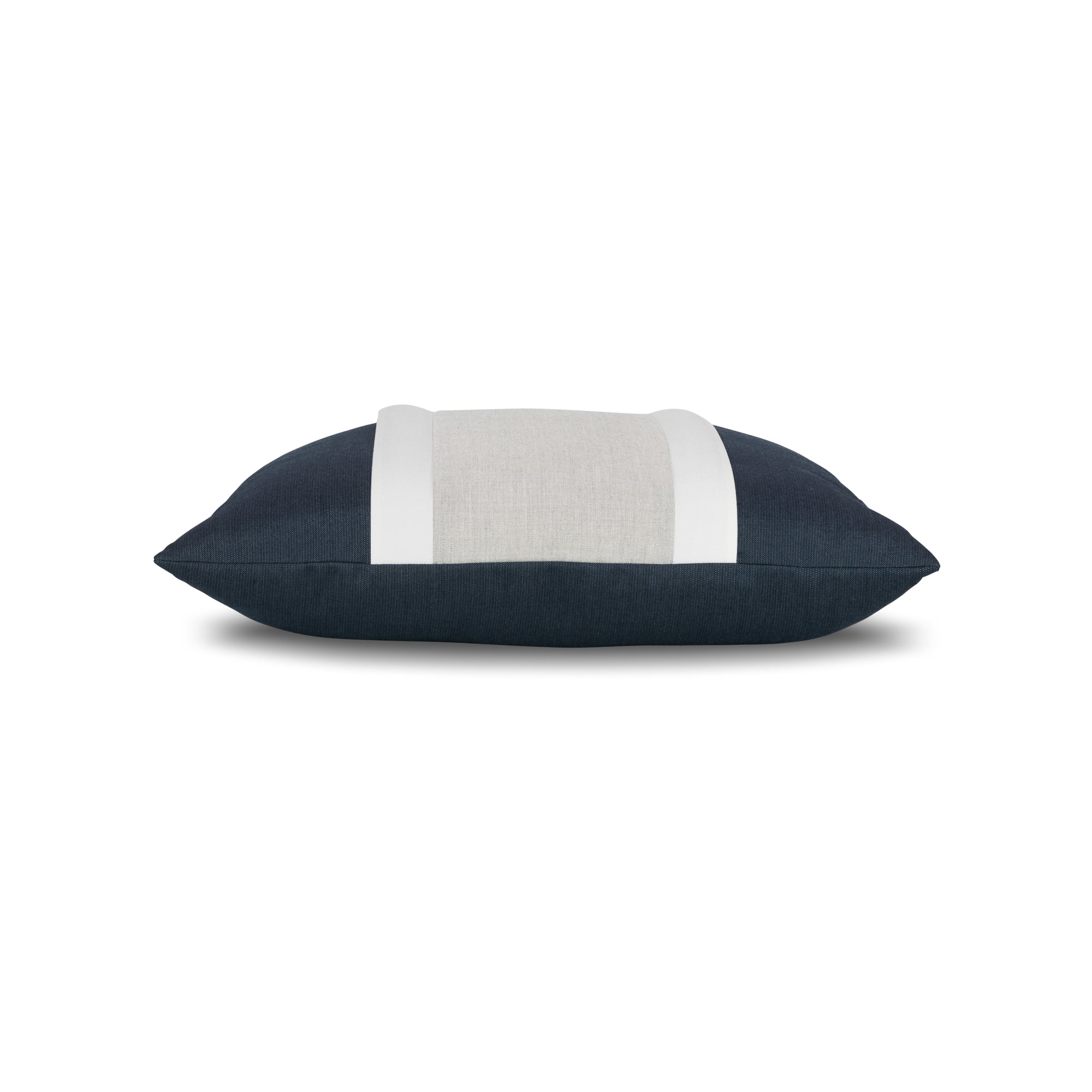Side image of Navy outdoor pillow with white and gray center banding lumbar size for elegant indoor and outdoor decor