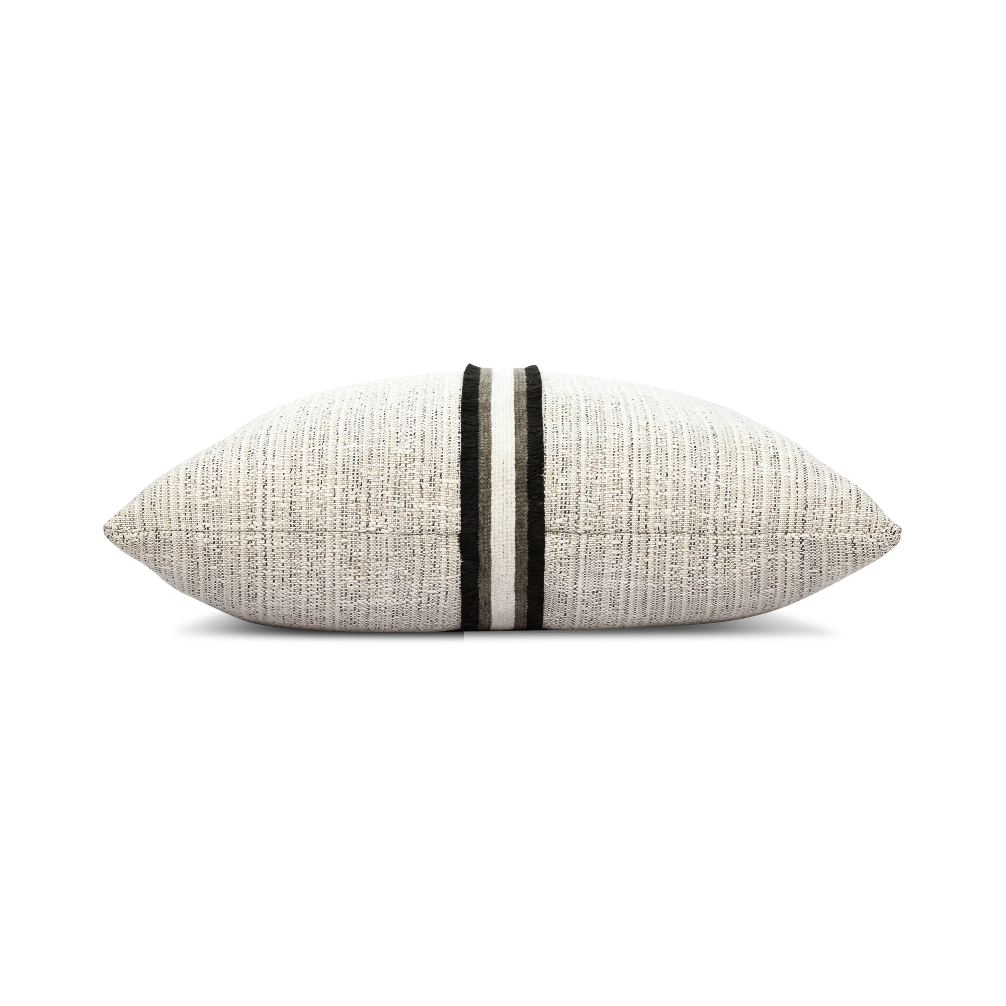 Side image of Taupe outdoor pillow with subtle stripe design square size for elegant patio decor