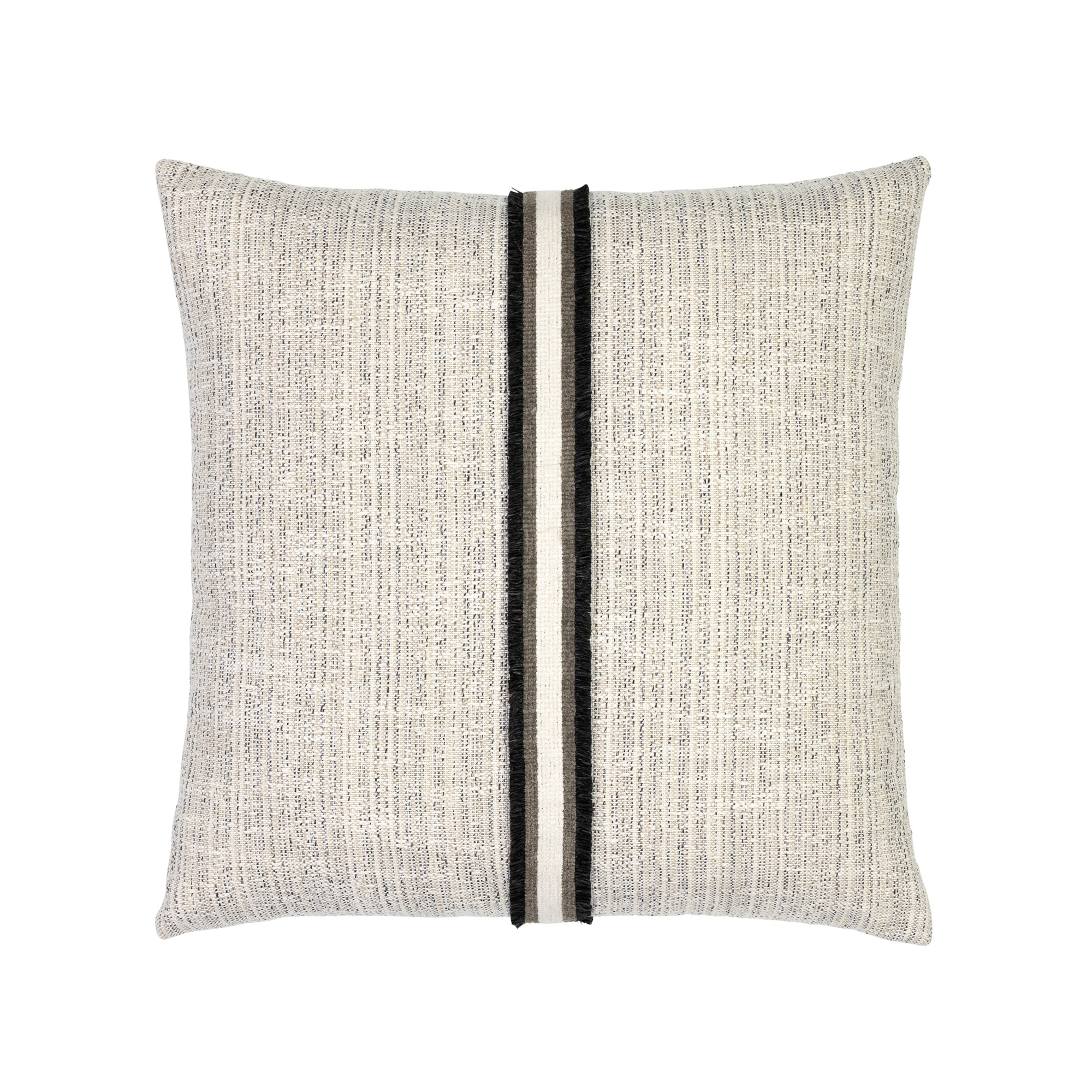 Ivory and black square outdoor pillow with textured finish and charcoal appliqued banding for stylish patio accents
