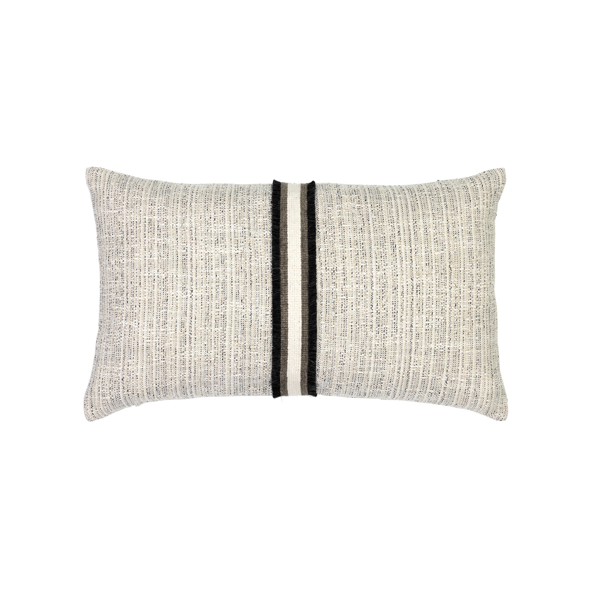 Ivory and black lumbar outdoor pillow with textured finish and charcoal appliqued banding for stylish patio accents