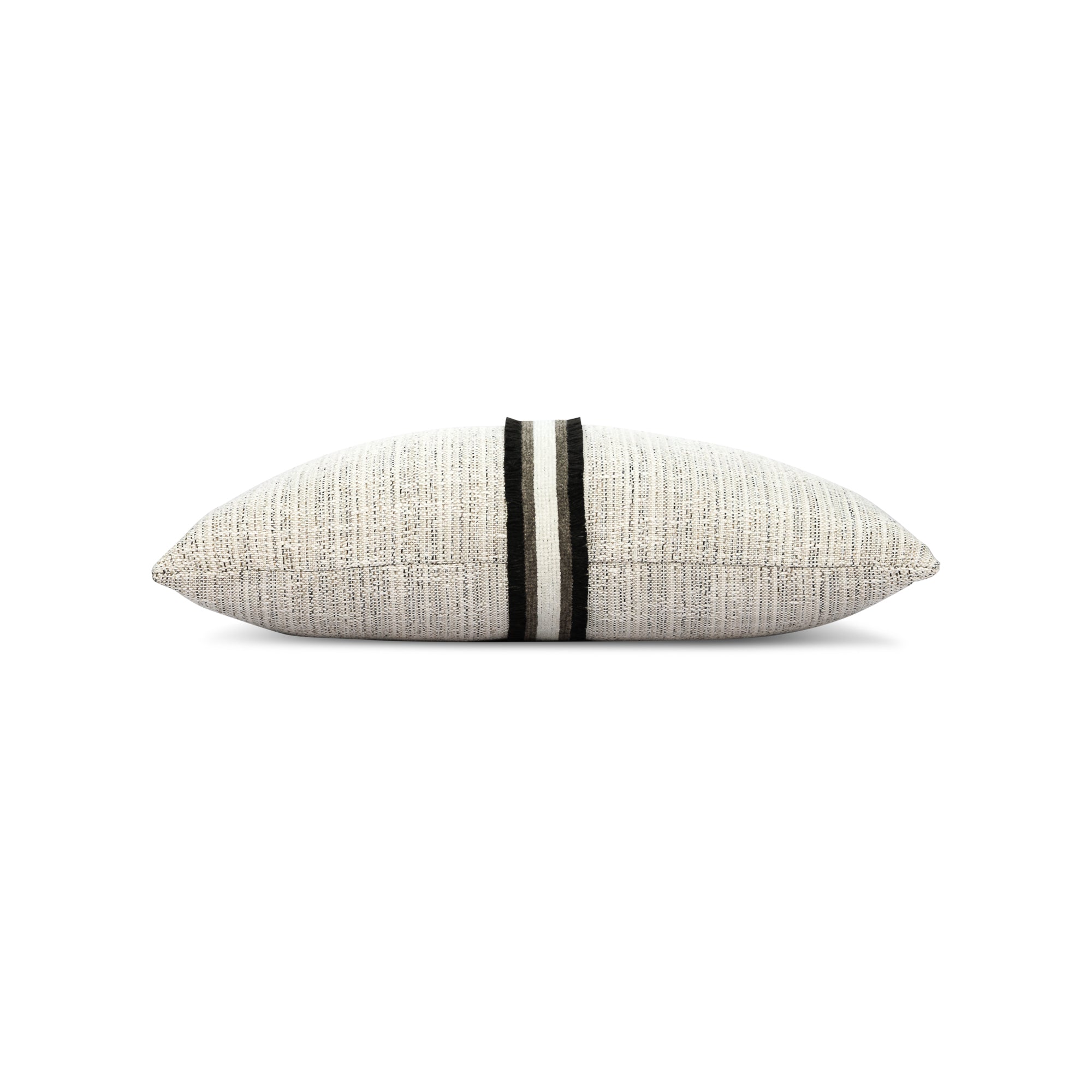 Side image of Ivory and black lumbar outdoor pillow with textured finish and charcoal appliqued banding for stylish patio accents