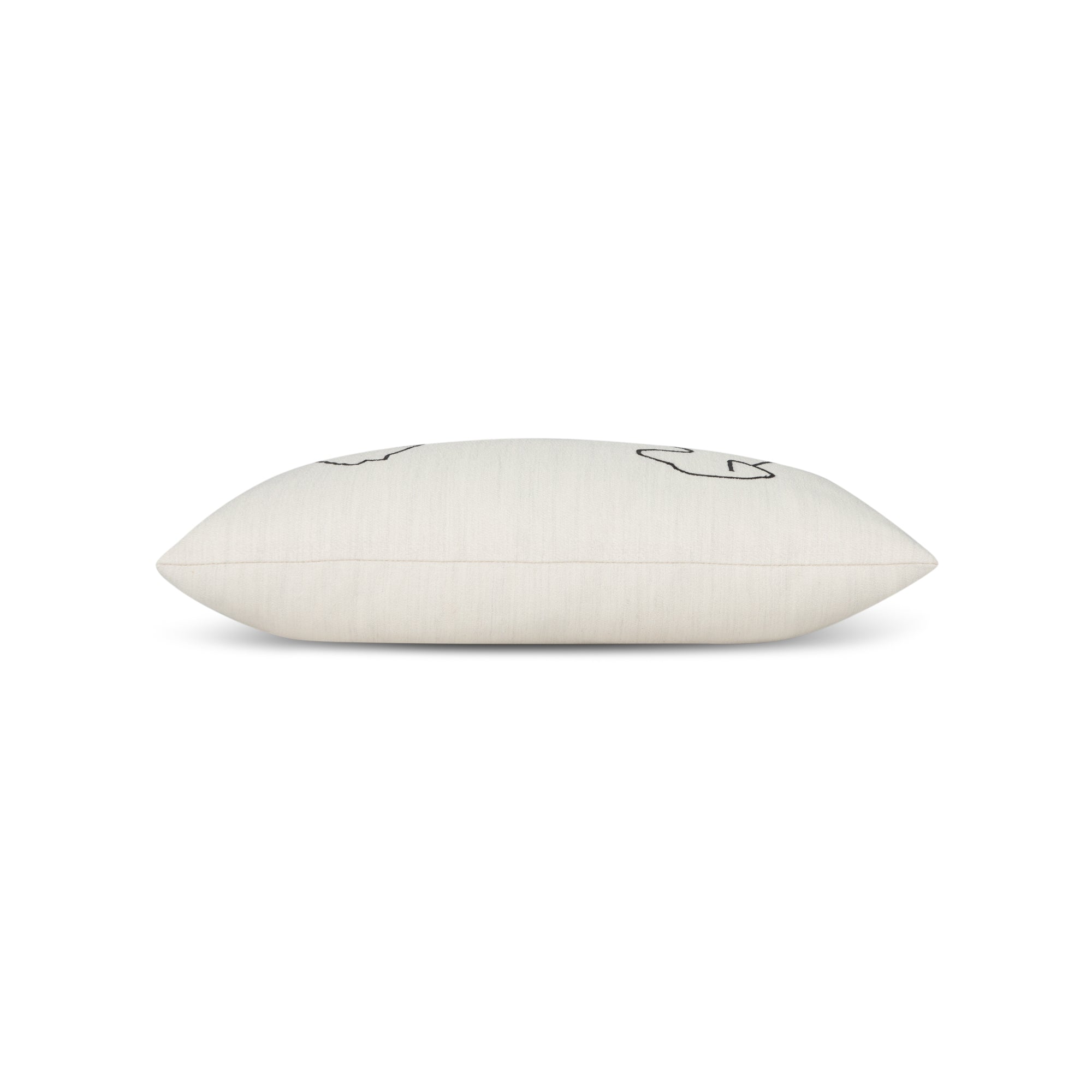 Side image of Ivory pillow with stitched dog and cat design lumbar size for outdoor and indoor décor