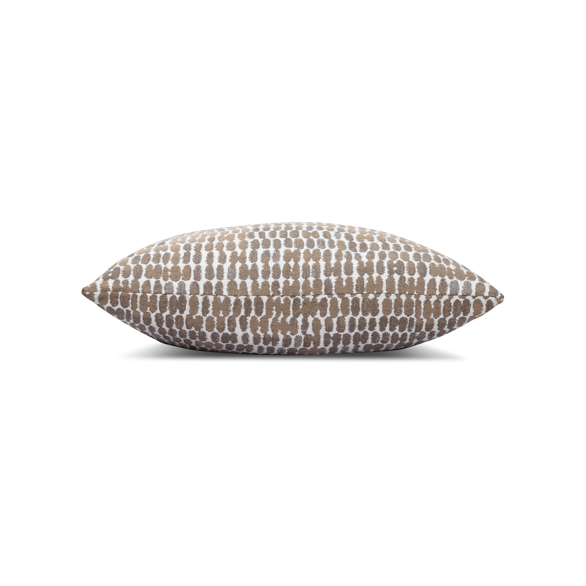 Side image of Taupe abstract pillow square size for neutral indoor and outdoor decor