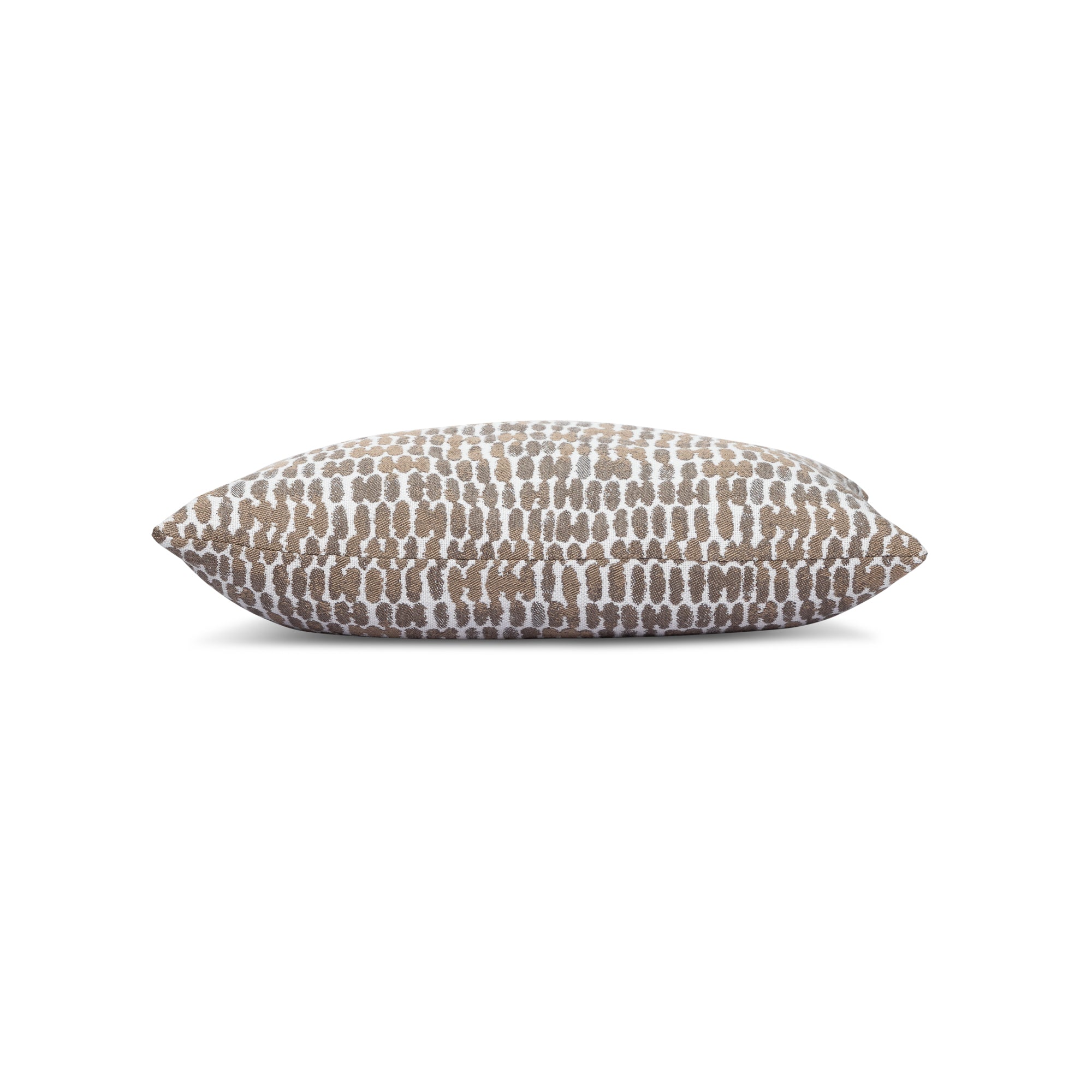 Side image of Taupe abstract pillow lumbar size for earthy indoor and outdoor decor