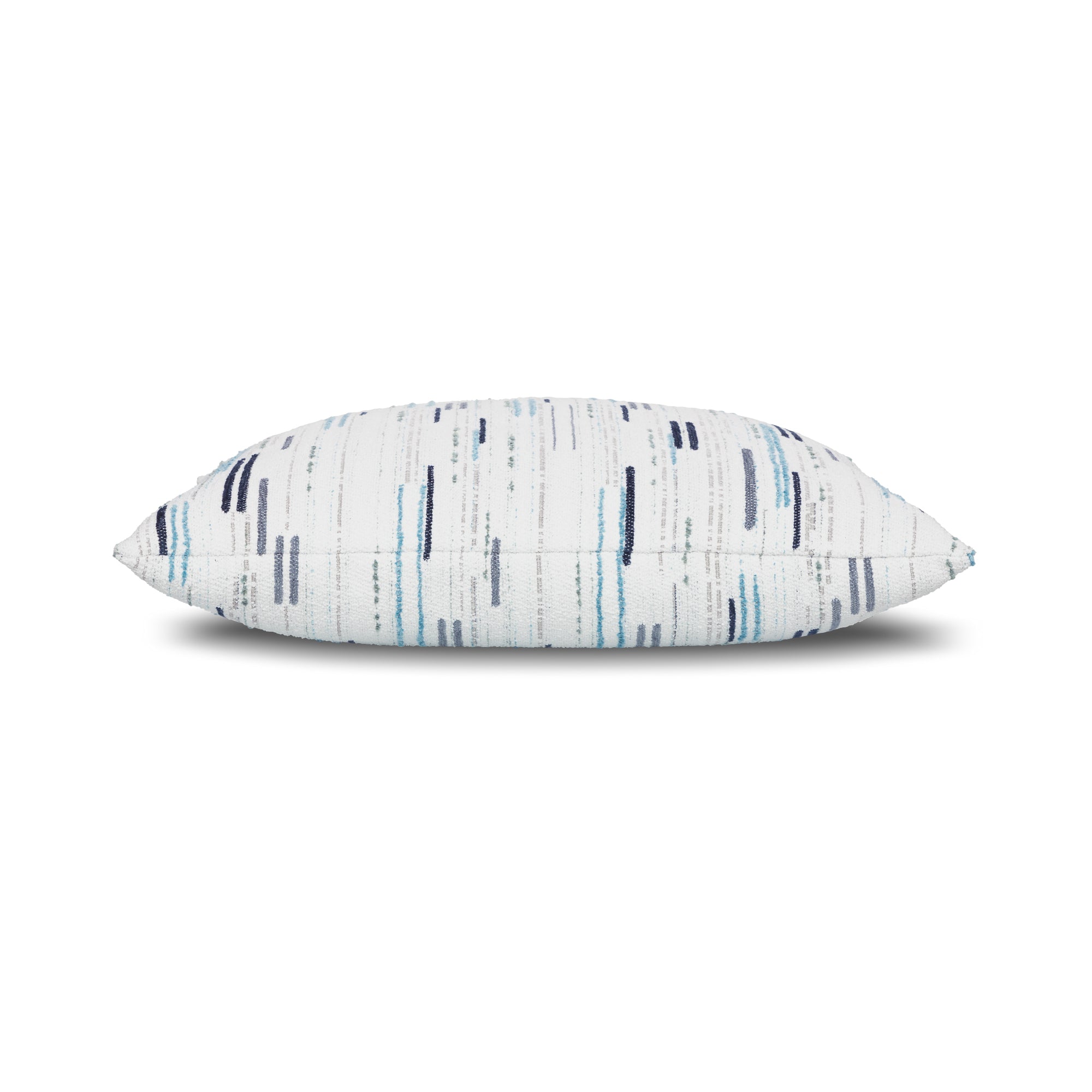 Side image of Light blue outdoor pillow with vertical stripe pattern, 22inch square size for airy outdoor design