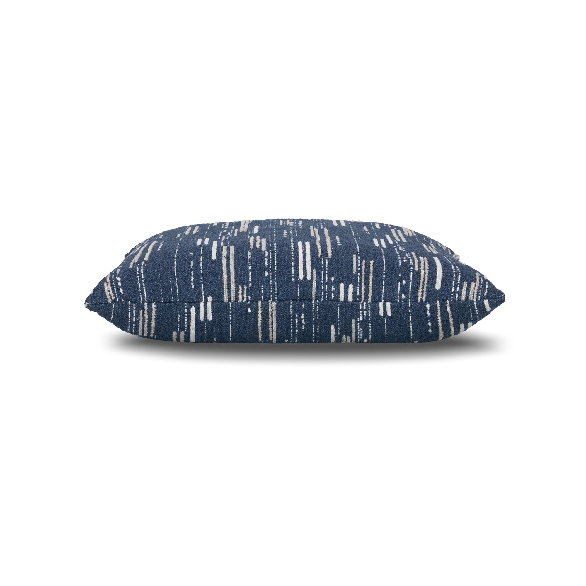 Side image of Navy outdoor pillow with vertical stripe pattern, square size for modern outdoor spaces