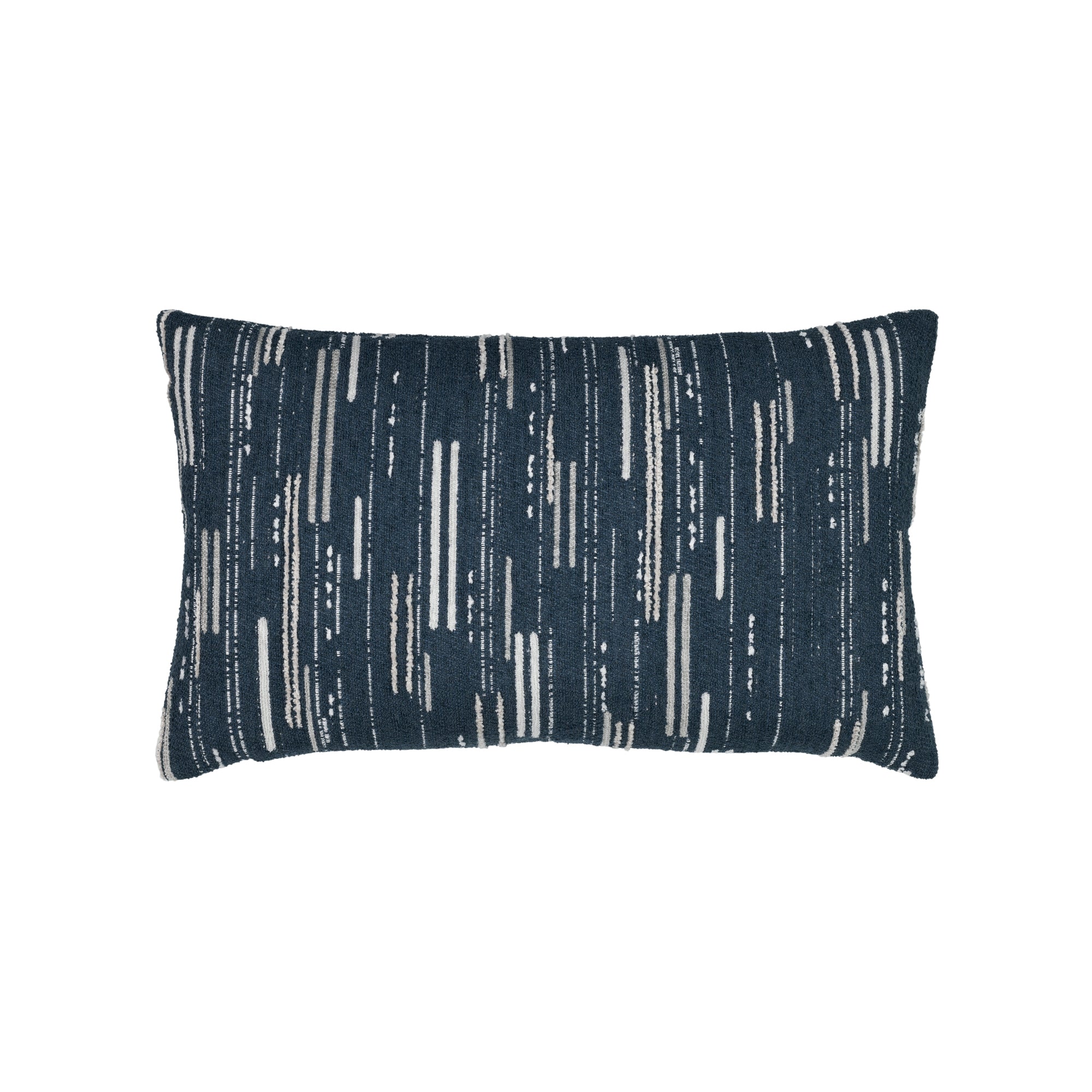 Navy outdoor pillow with vertical stripe pattern, lumbar size for elegant outdoor styling by Elaine Smith