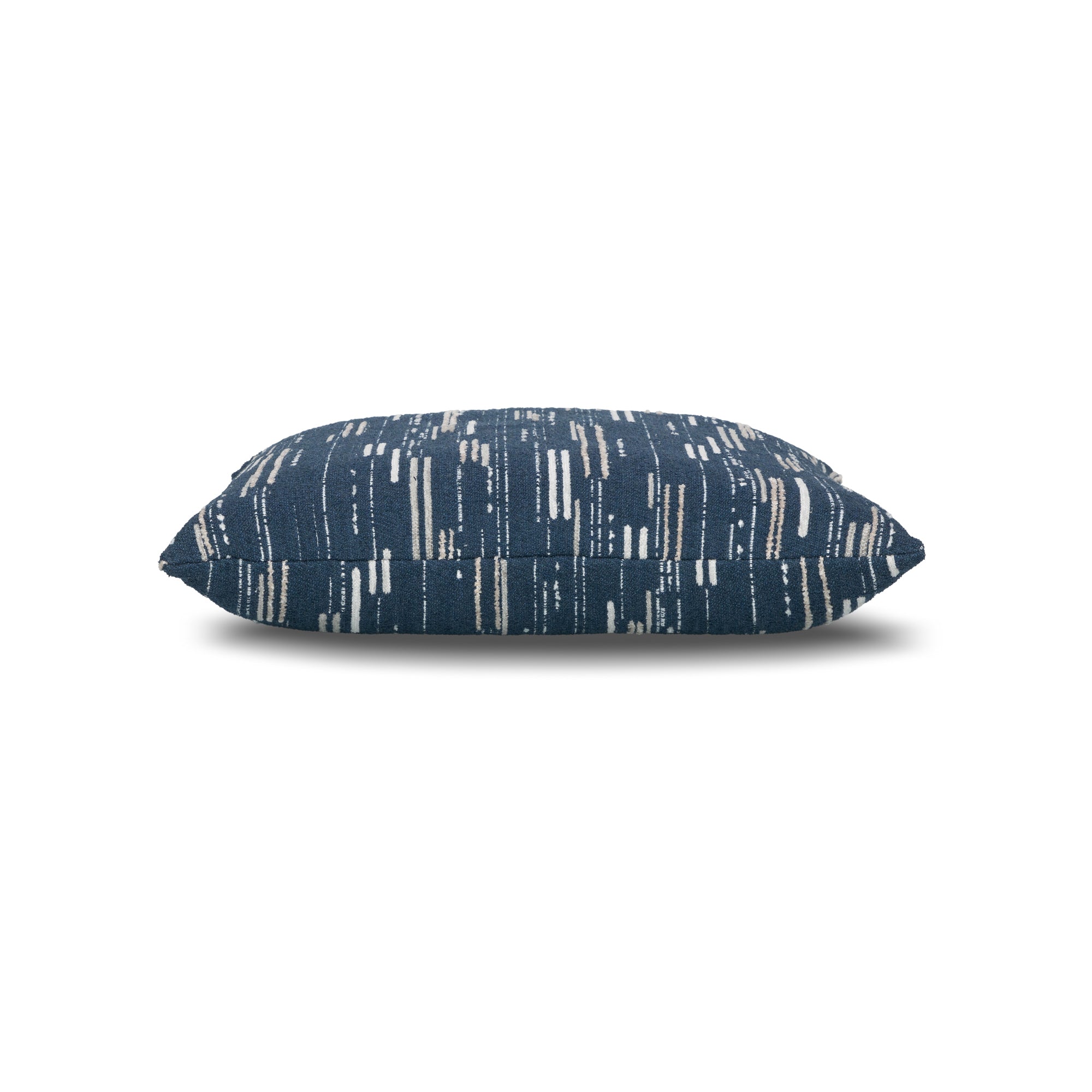Side image of Navy outdoor pillow with vertical stripe pattern, lumbar size for elegant outdoor styling by Elaine Smith