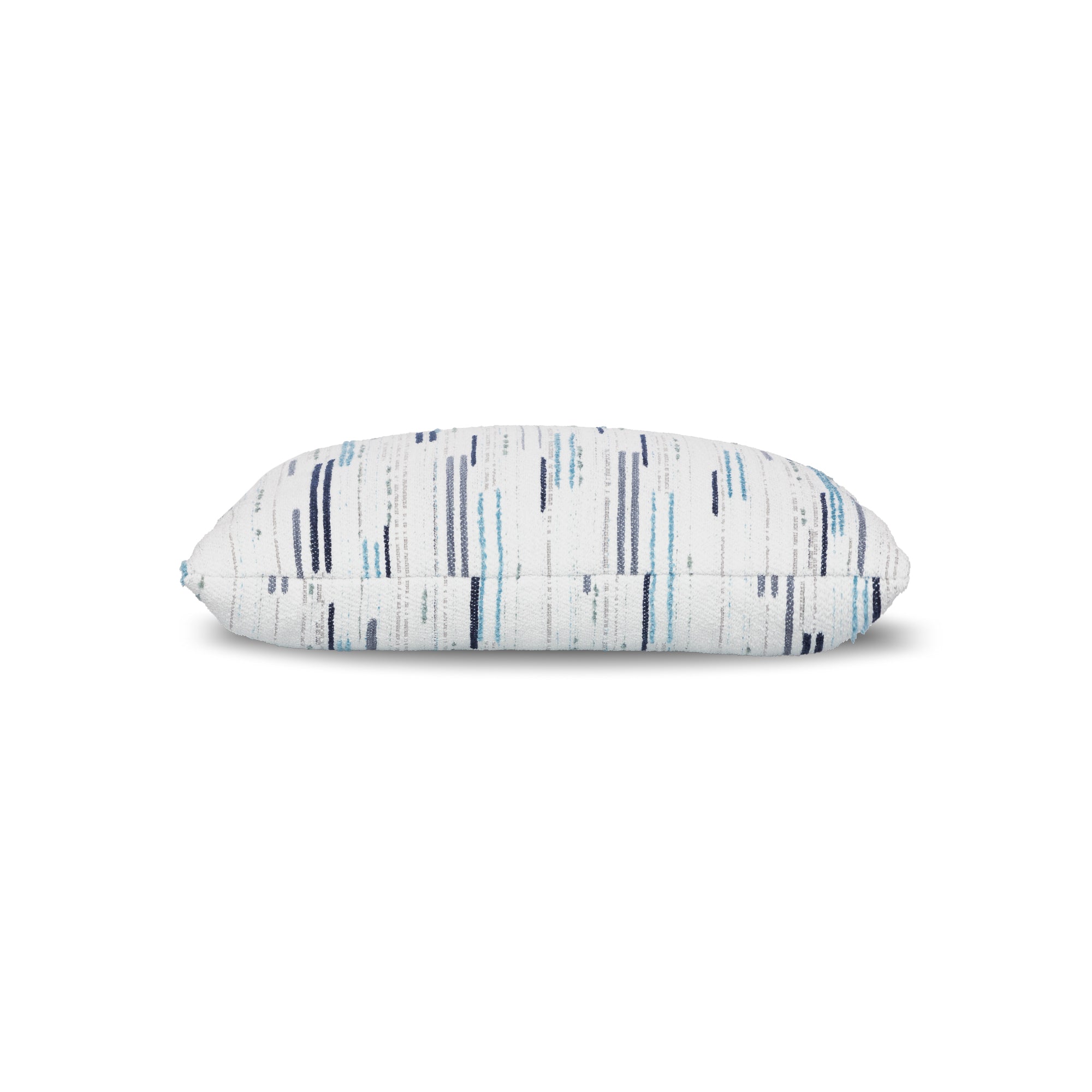 Side image of Light blue outdoor pillow with vertical stripe pattern, square size for airy outdoor design
