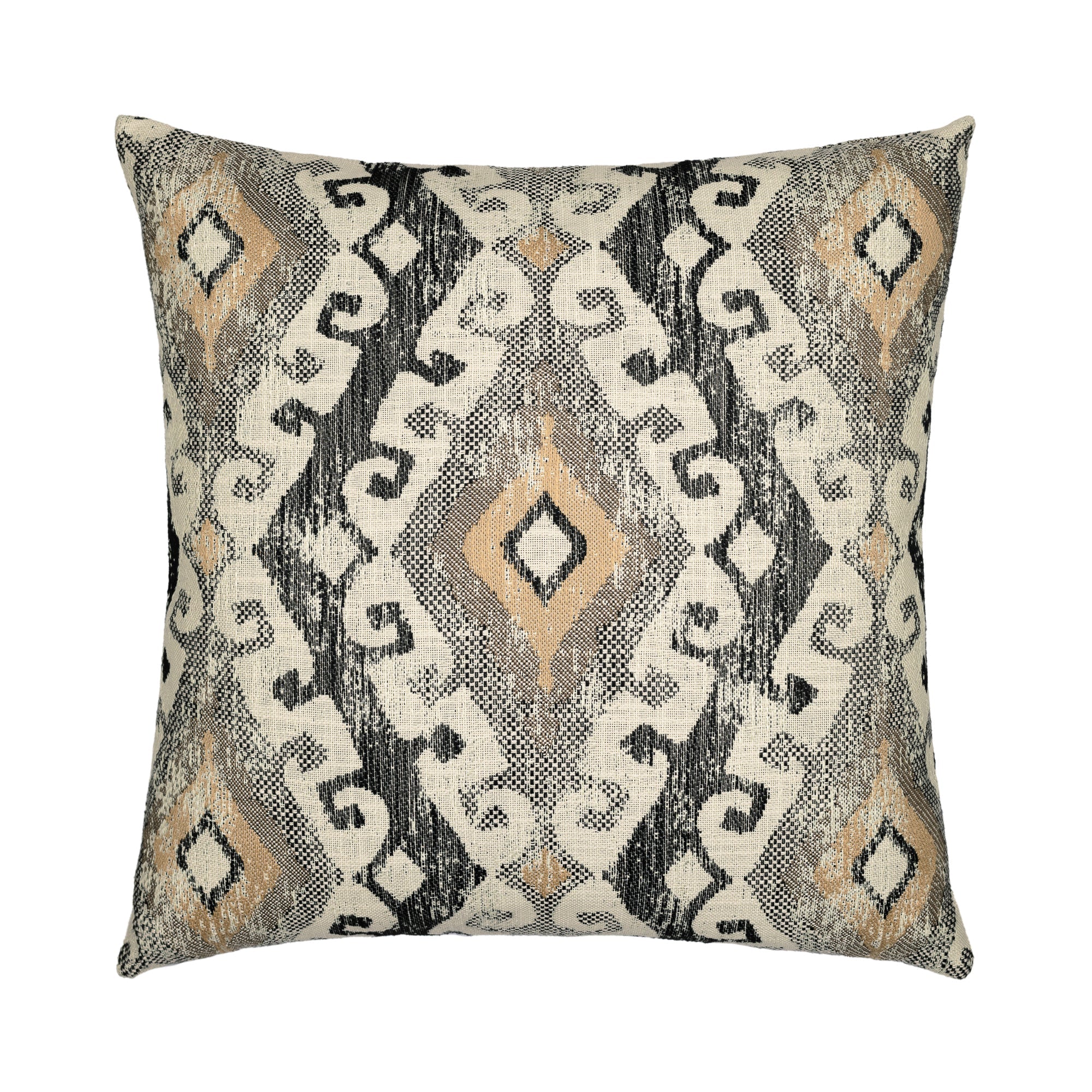 Pillow made from Decorative honey-toned outdoor-safe fabric with ethnic-inspired motif