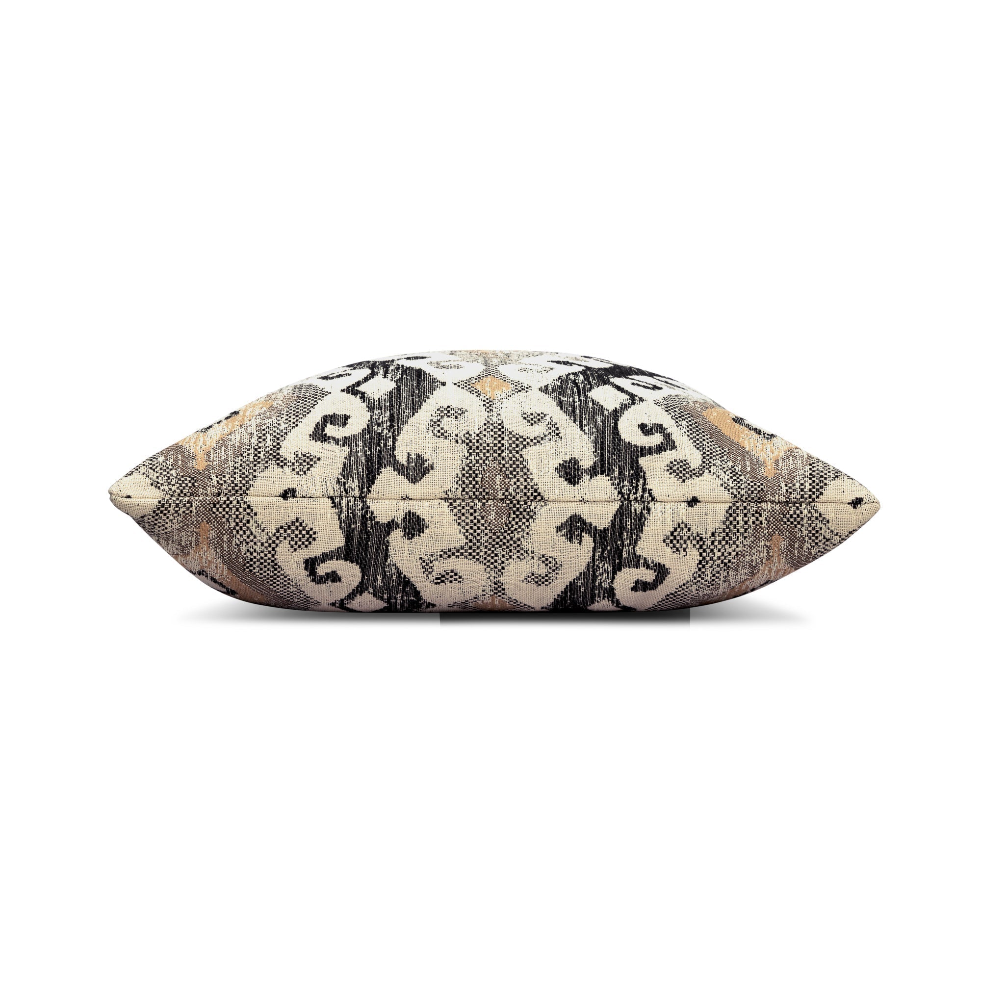 Side image of Beige ikat outdoor pillow with diamond pattern square size for transitional patio decor by Elaine Smith