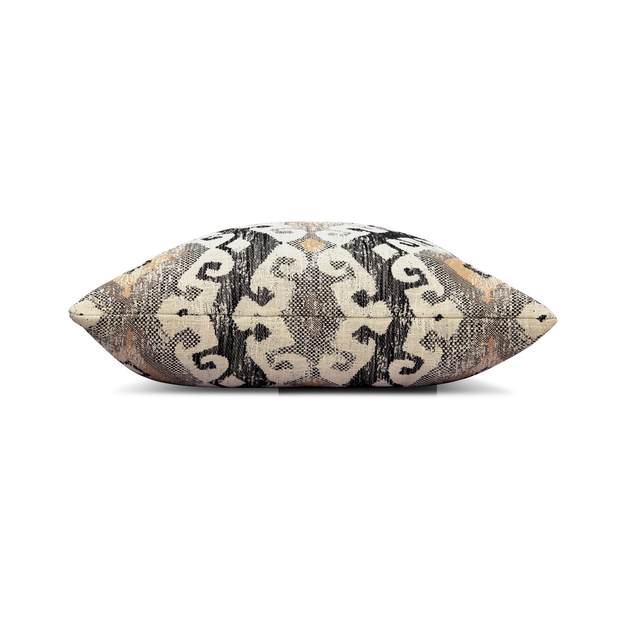 Side image of Beige ikat outdoor pillow with diamond pattern square size for transitional patio decor by Elaine Smith
