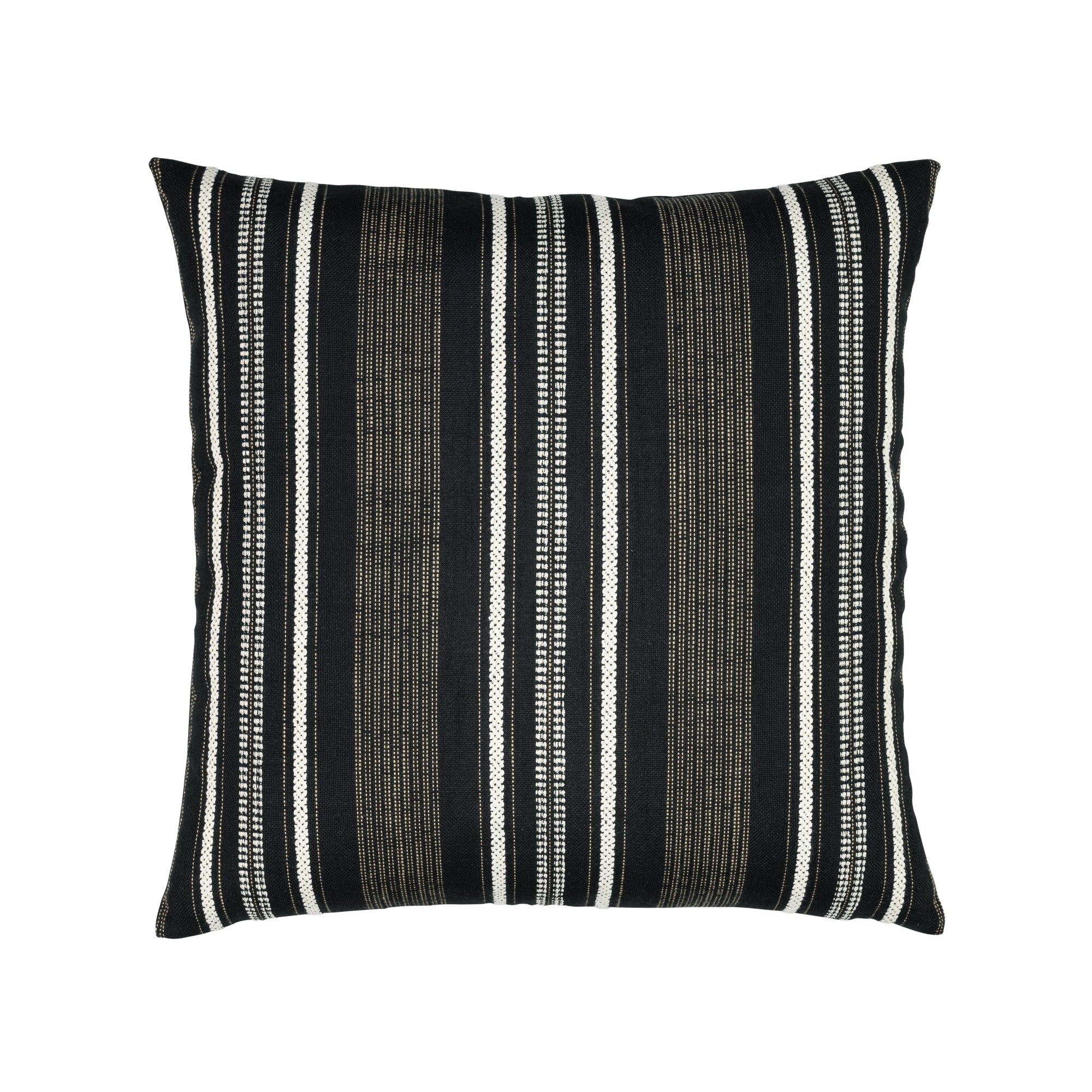 Pillow made from Linear black and tan outdoor safe woven fabric with pathway stripe design – Pathway Ebony by Elaine Smith