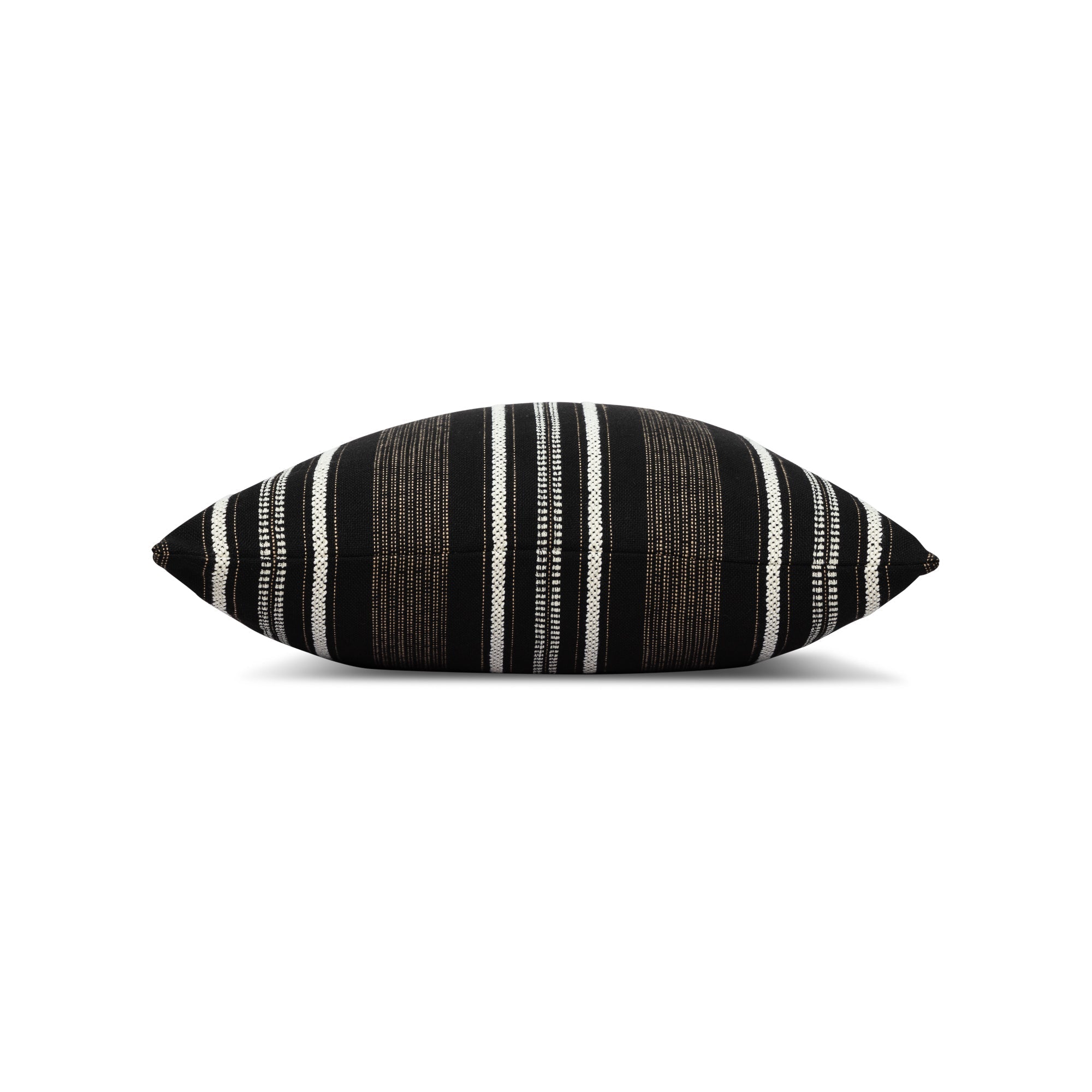 Side image of Black striped with chenille accents pillow in square size for dramatic indoor and outdoor decor