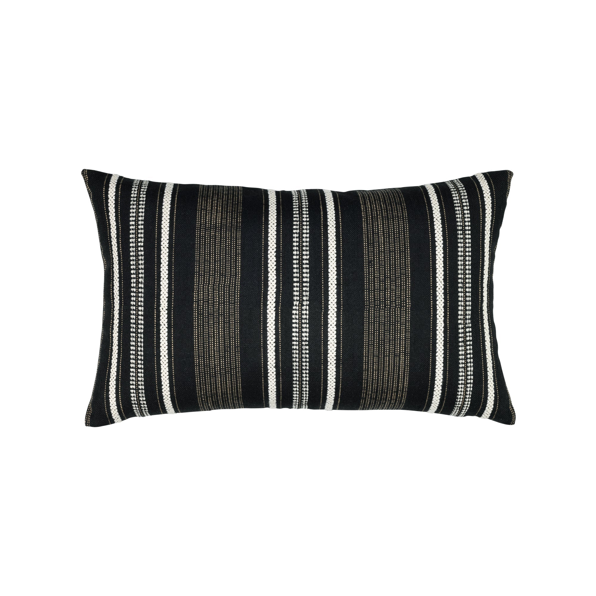 Black striped with chenille accents pillow in lumbar size for modern indoor and outdoor decor