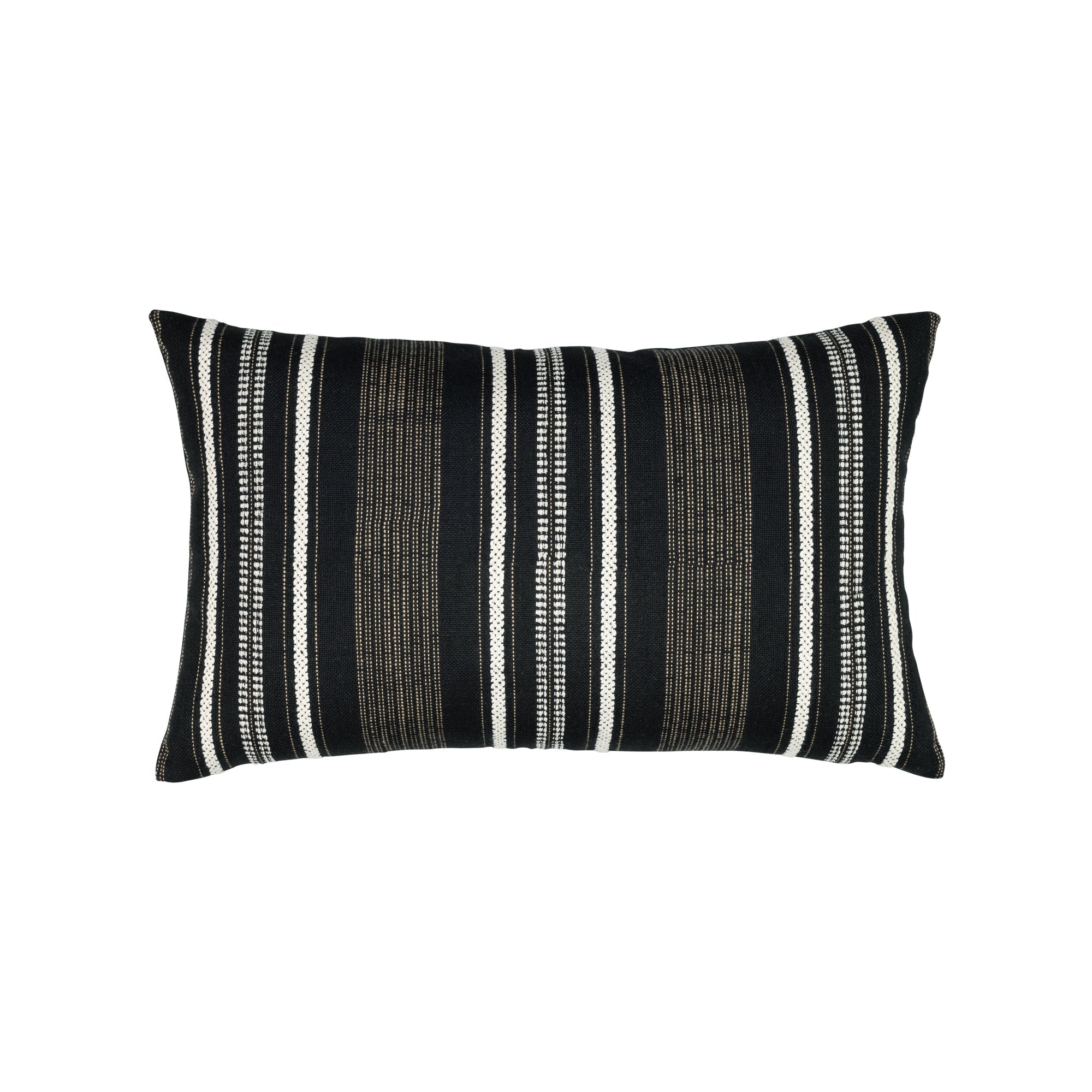 Black striped with chenille accents pillow in lumbar size for modern indoor and outdoor decor