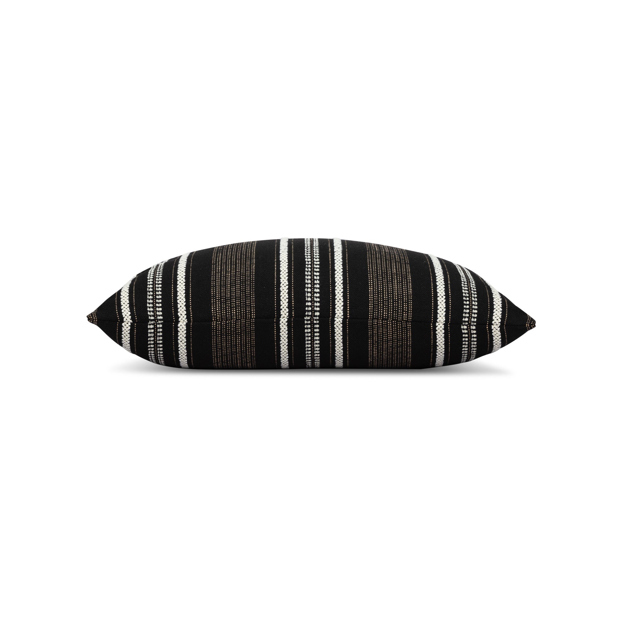 Side image of Black striped with chenille accents pillow in lumbar size for modern indoor and outdoor decor
