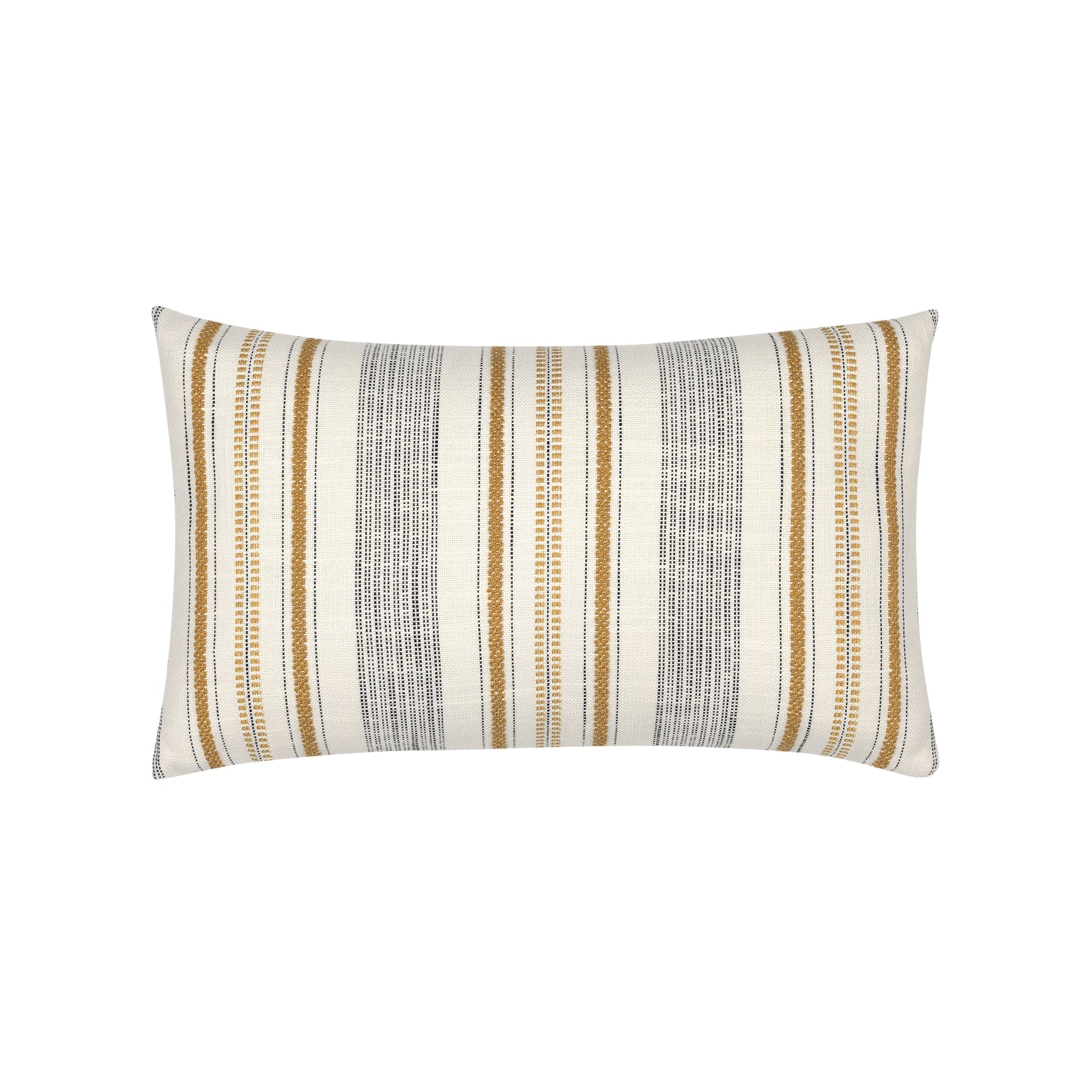 Striped Ivory and gold pillow with chenille accents in lumbar size for elegant indoor and outdoor decor