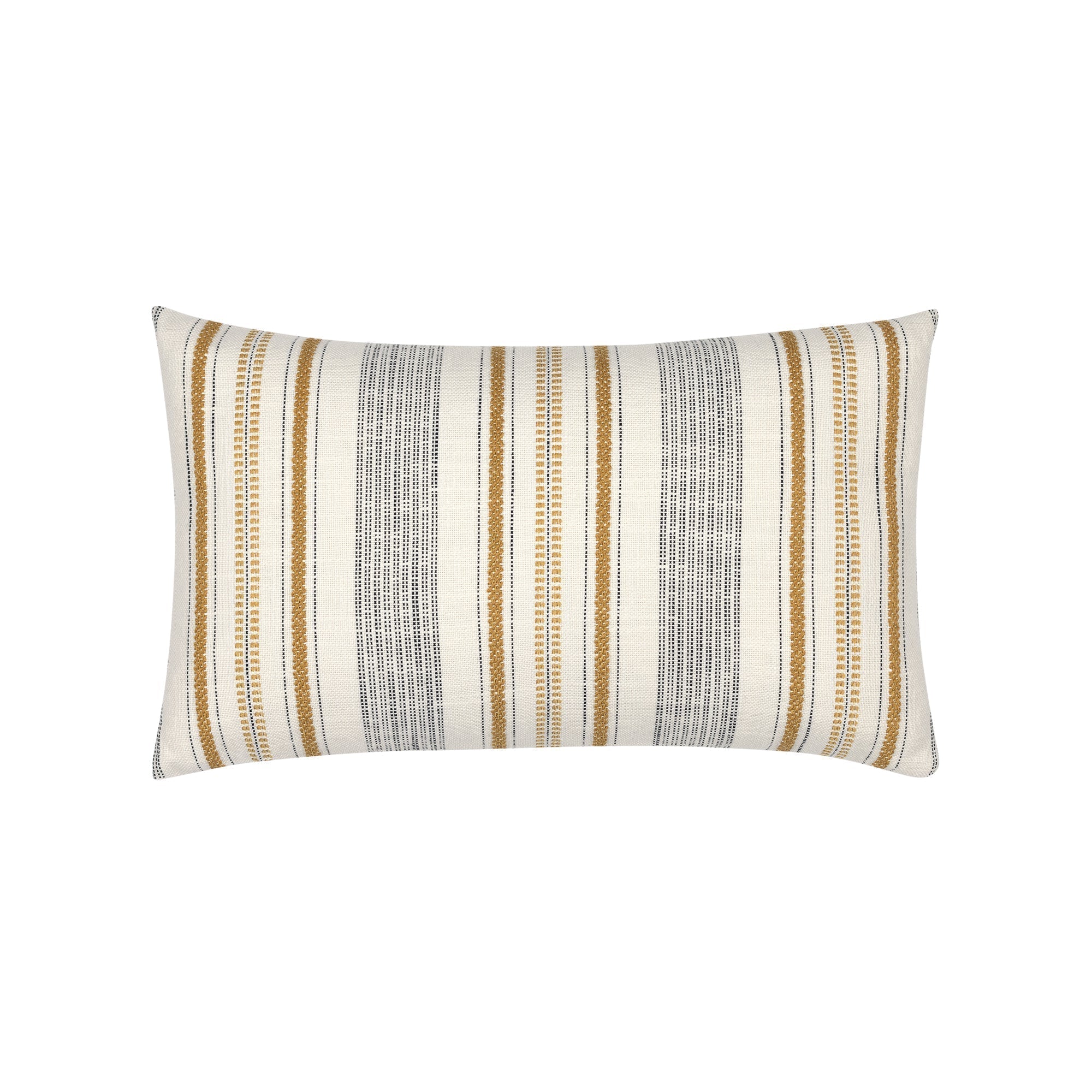Striped Ivory and gold pillow with chenille accents in lumbar size for elegant indoor and outdoor decor