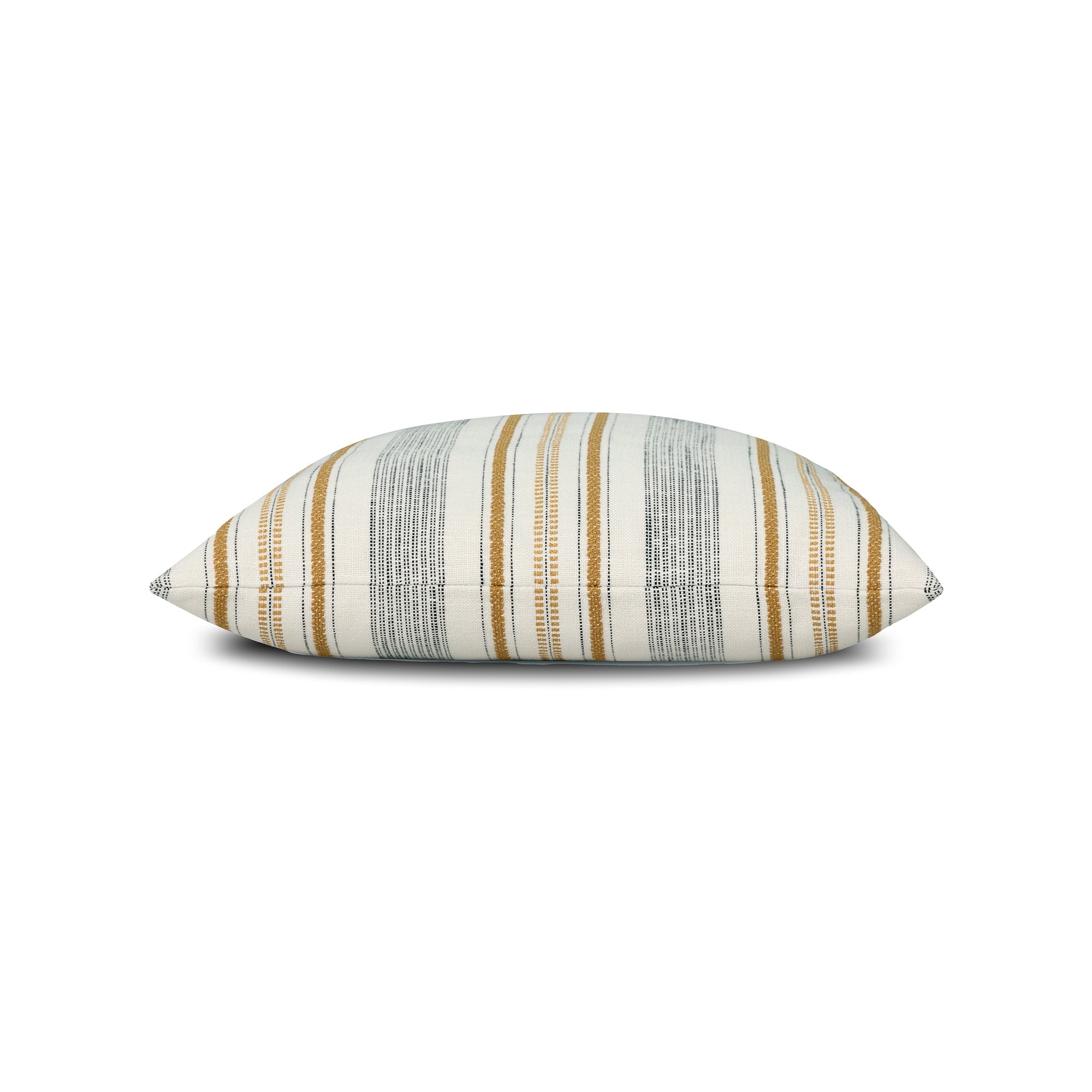 Side image of Striped Ivory and gold pillow with chenille accents in lumbar size for elegant indoor and outdoor decor