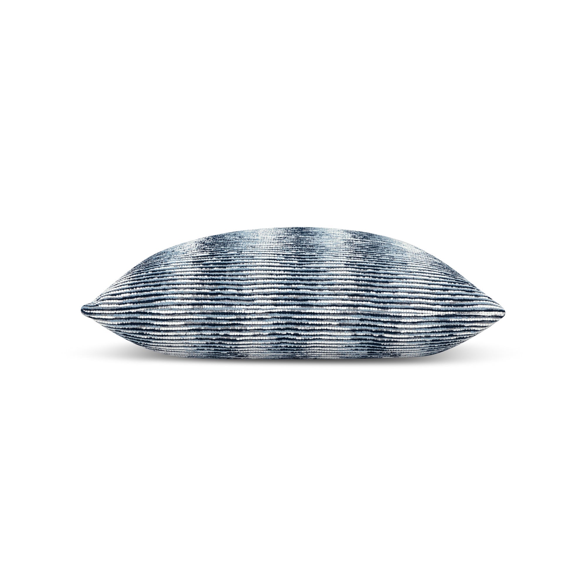 Side image of Indigo small ombre striped chenille pillow square size for contemporary indoor and outdoor decor