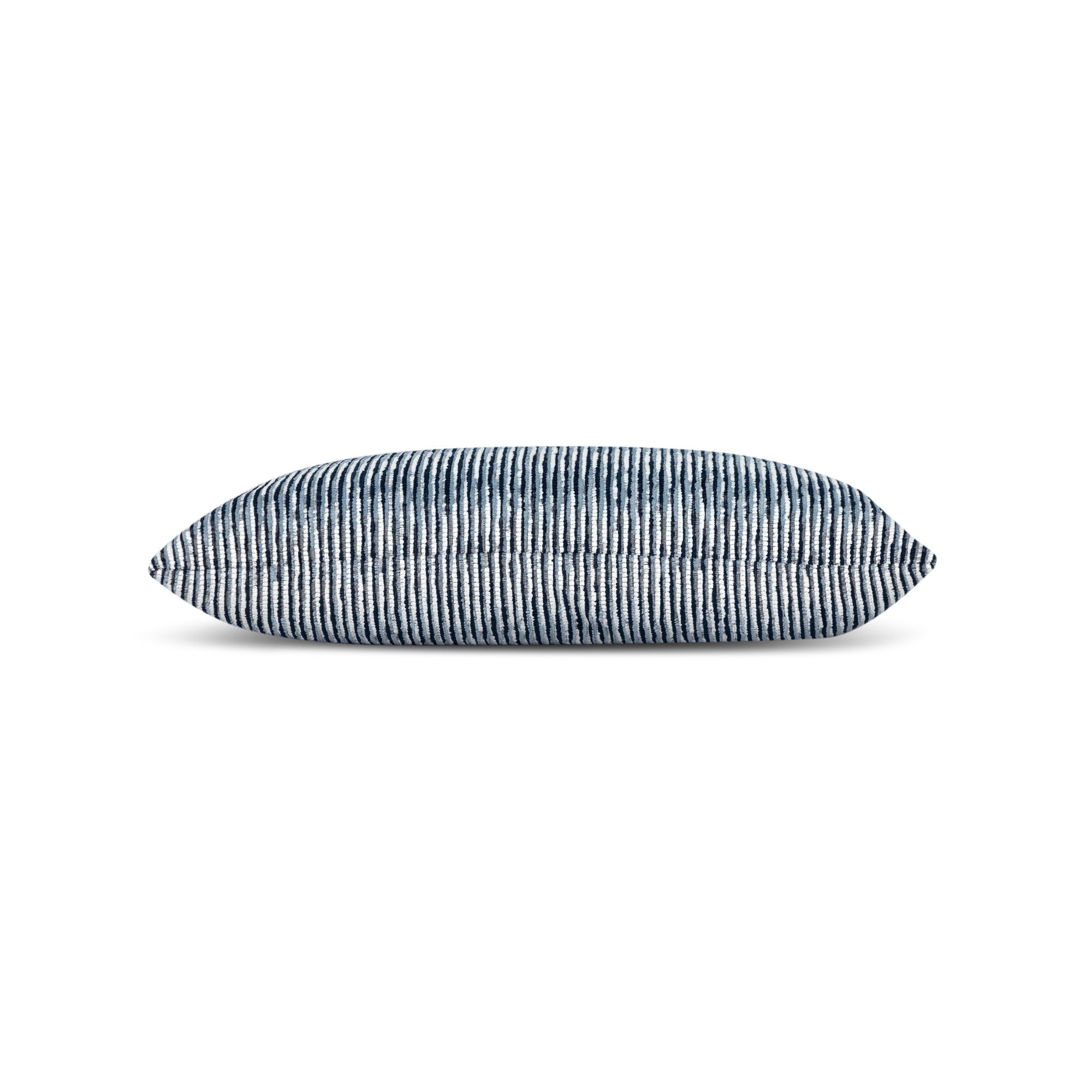 Side image of Indigo small ombre striped chenille pillow in lumbar size for coastal indoor and outdoor decor