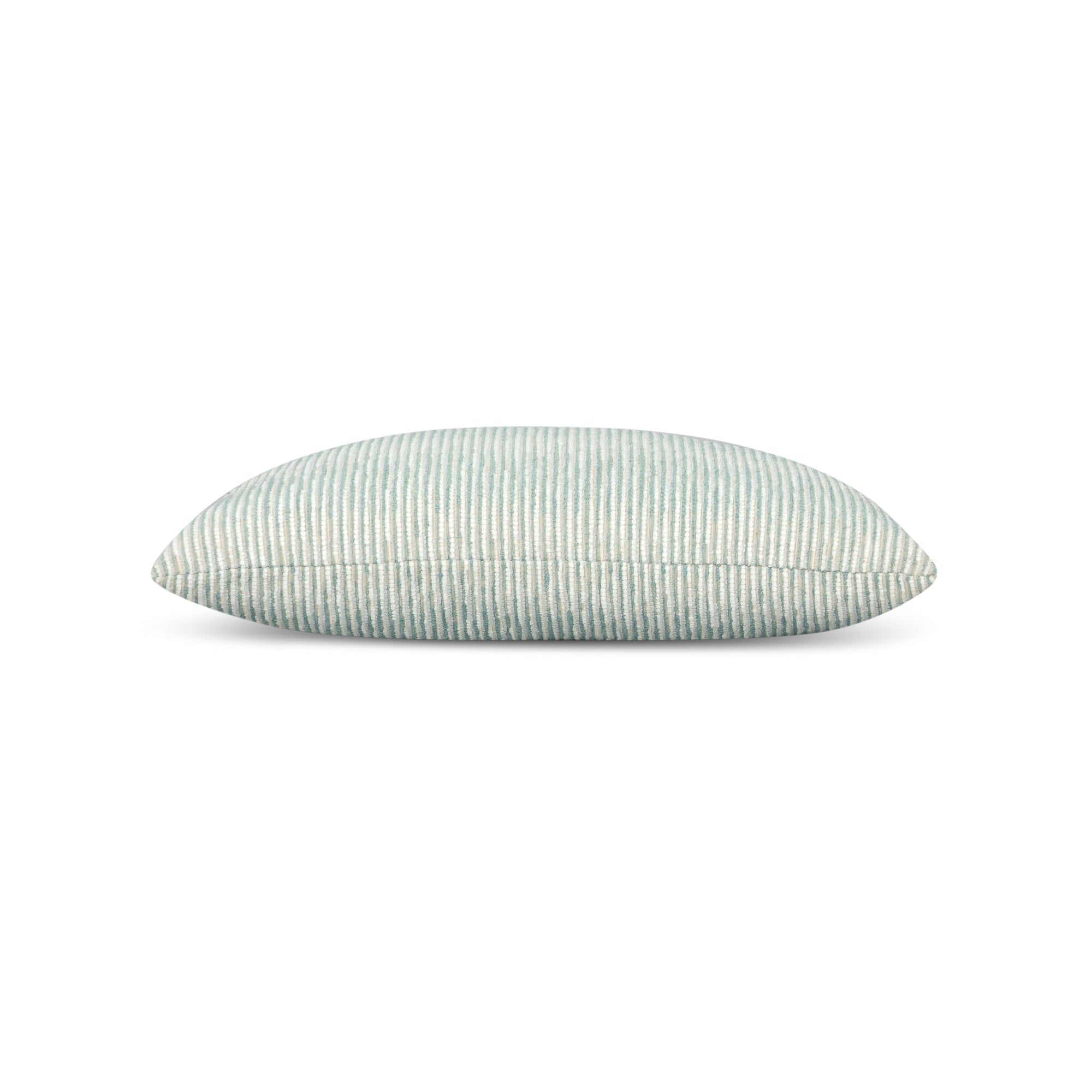 Side image of Light blue and ivory ombre chenille pillow lumbar size for sophisticated indoor and outdoor decor