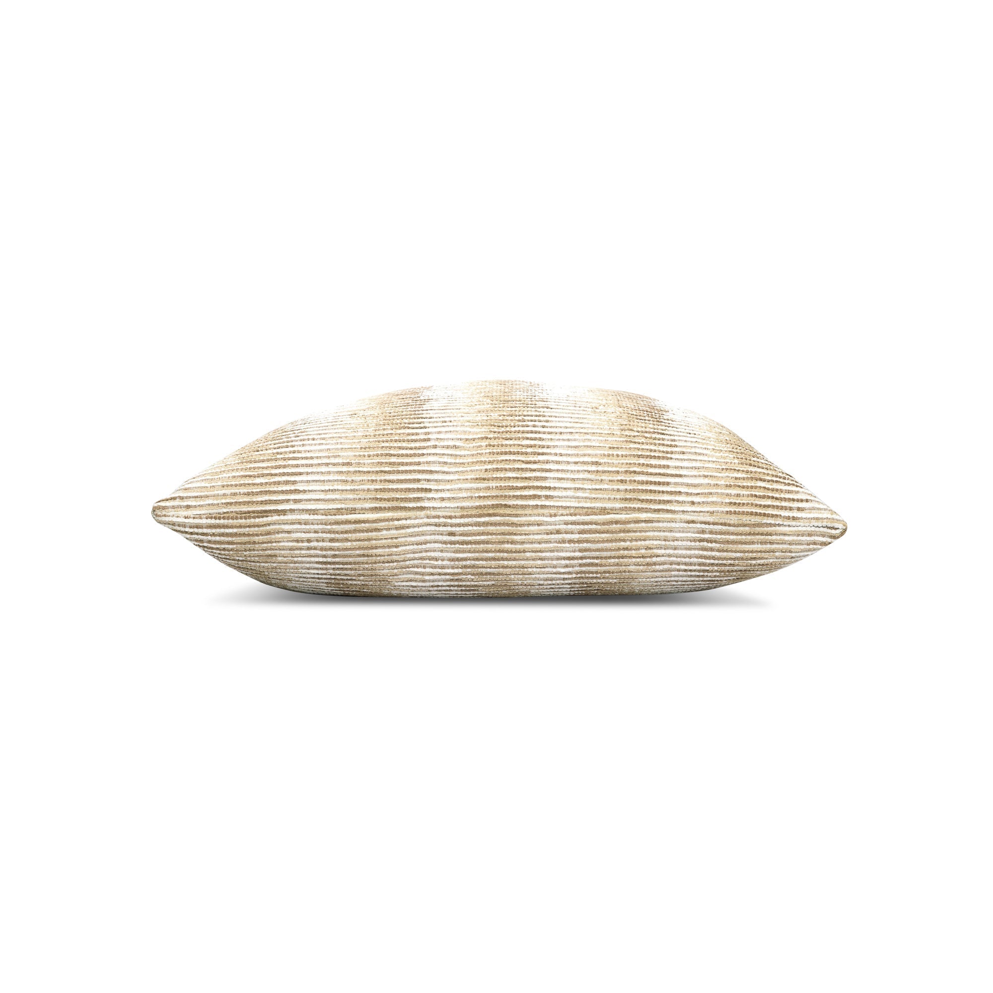 Side image of Striped beige and gold chenille pillow square size for luxurious indoor and outdoor decor by Elaine Smith