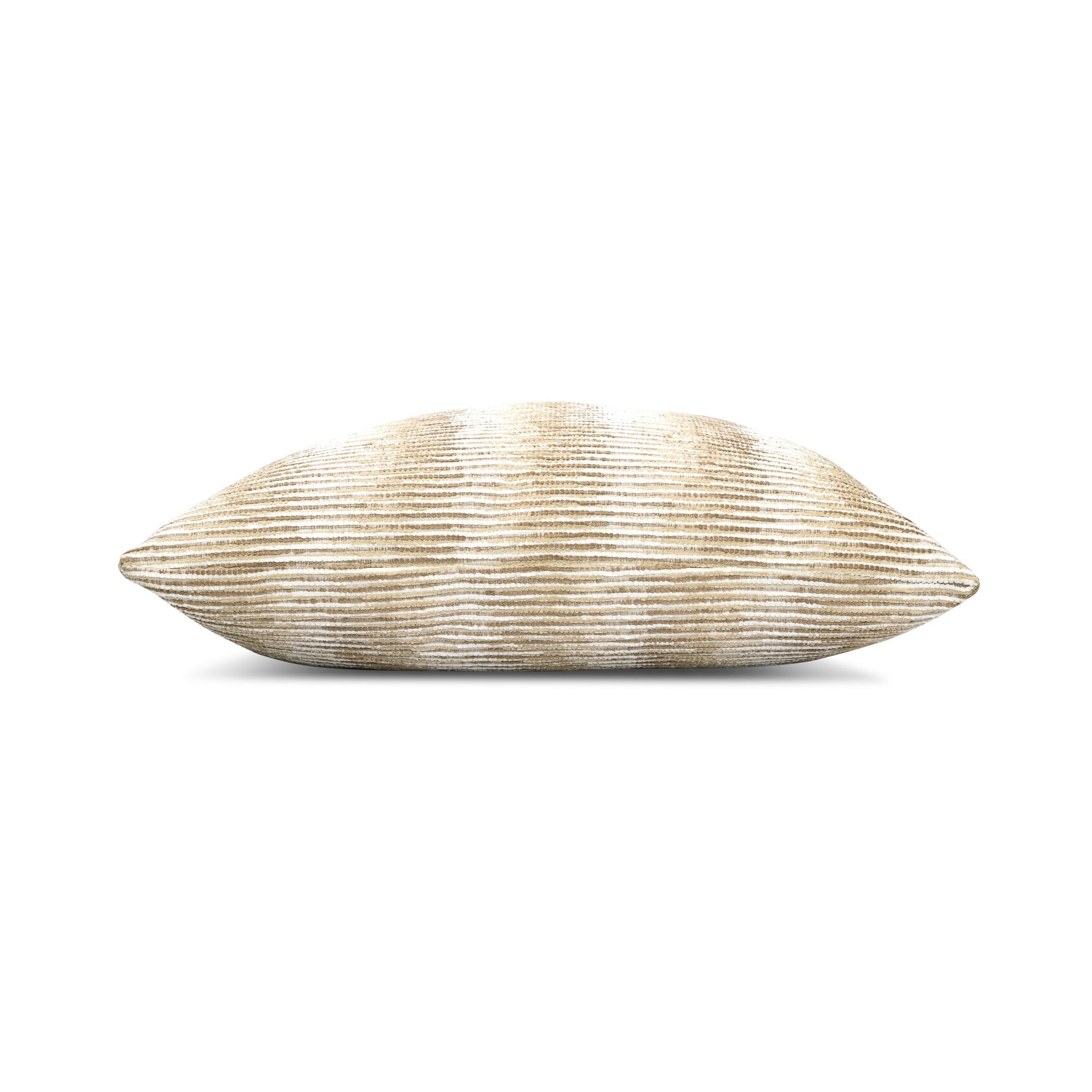 Side image of Striped beige and gold chenille pillow lumbar size for transitional indoor and outdoor decor