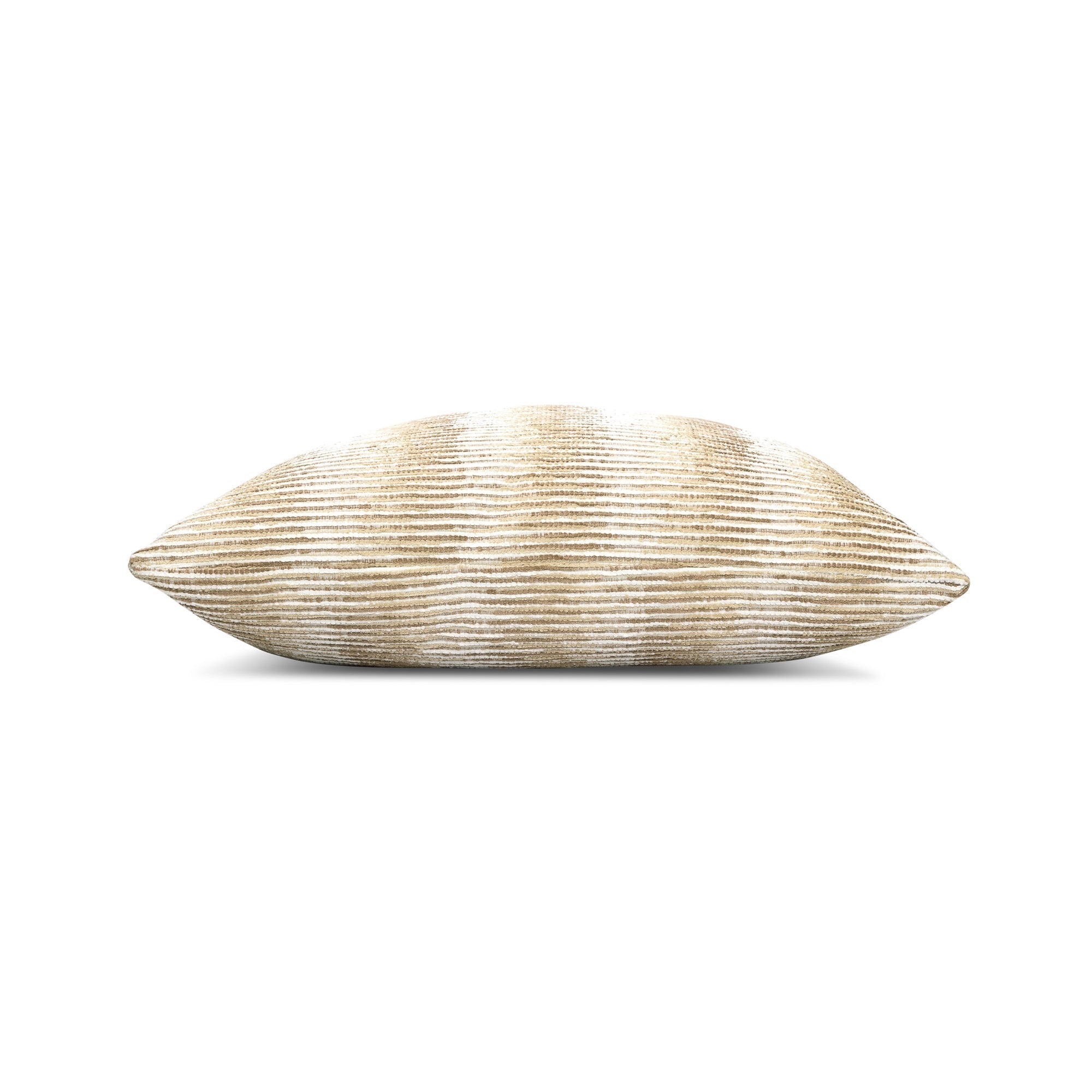 Side image of Ivory and beige striped chenille pillow square size for versatile indoor and outdoor decor