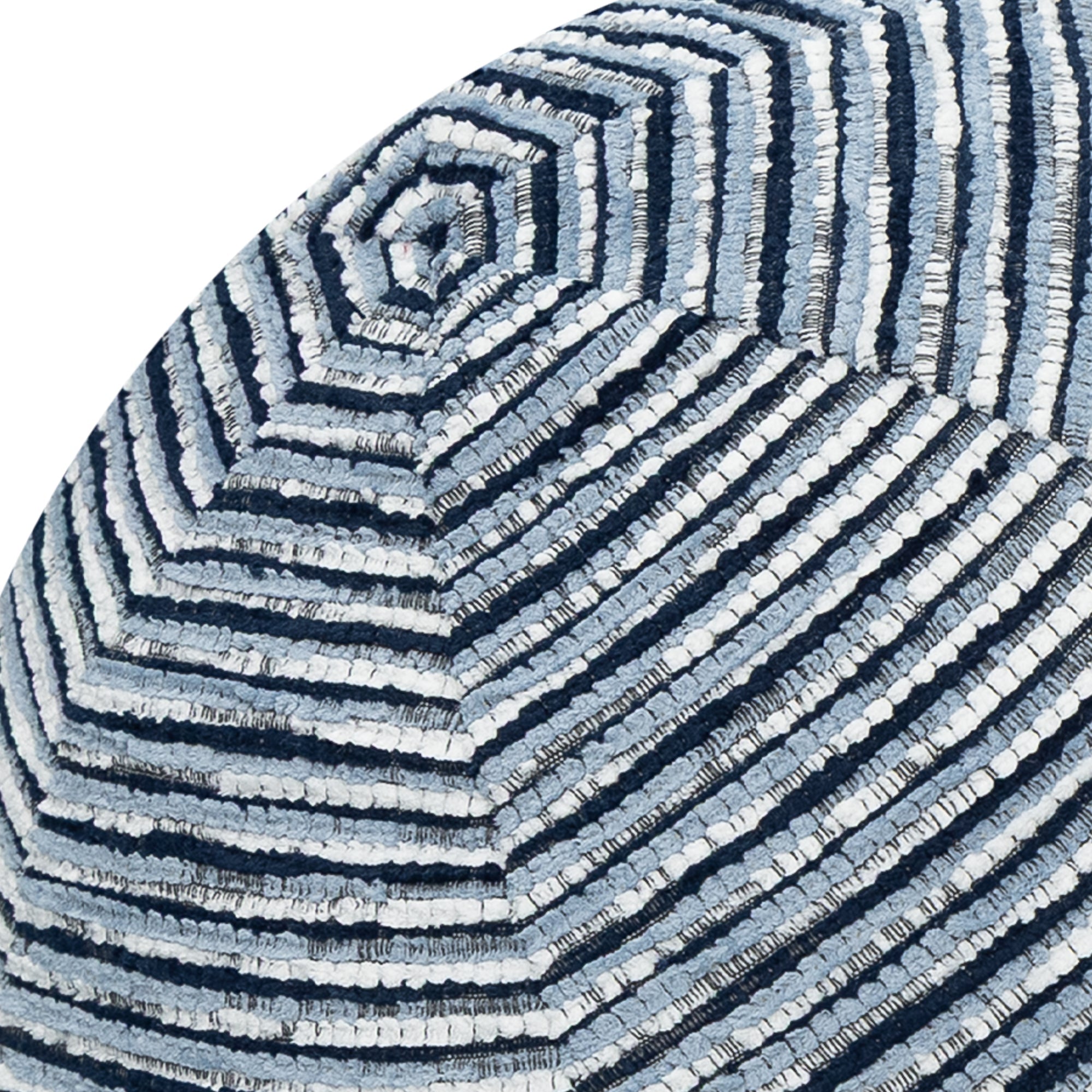 Detail image of Round blue striped chenille pillow with textured finish for stylish indoor and outdoor decor