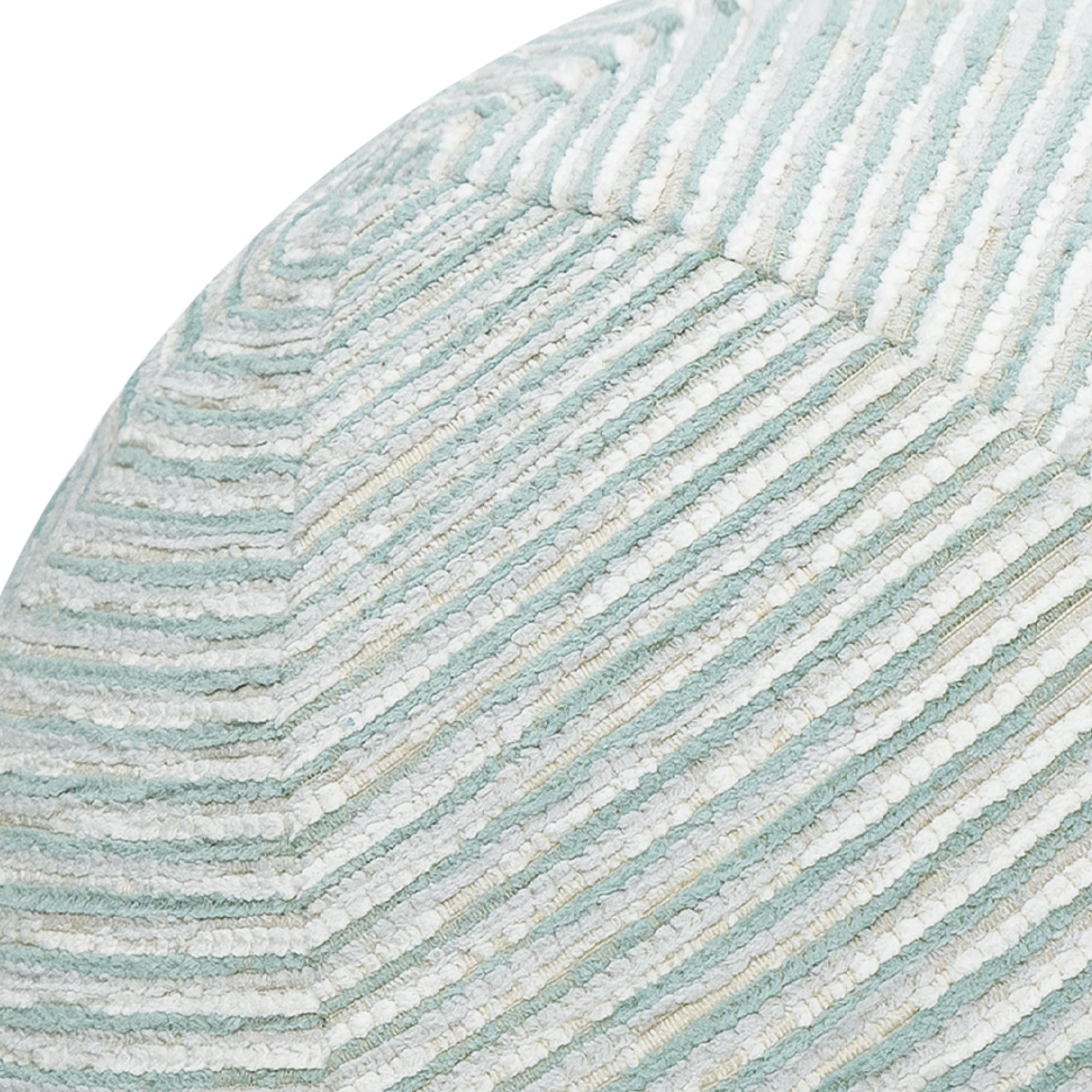 Detail image of Round Light blue and ivory chenille pillow with textured finish for refreshing indoor and outdoor decor