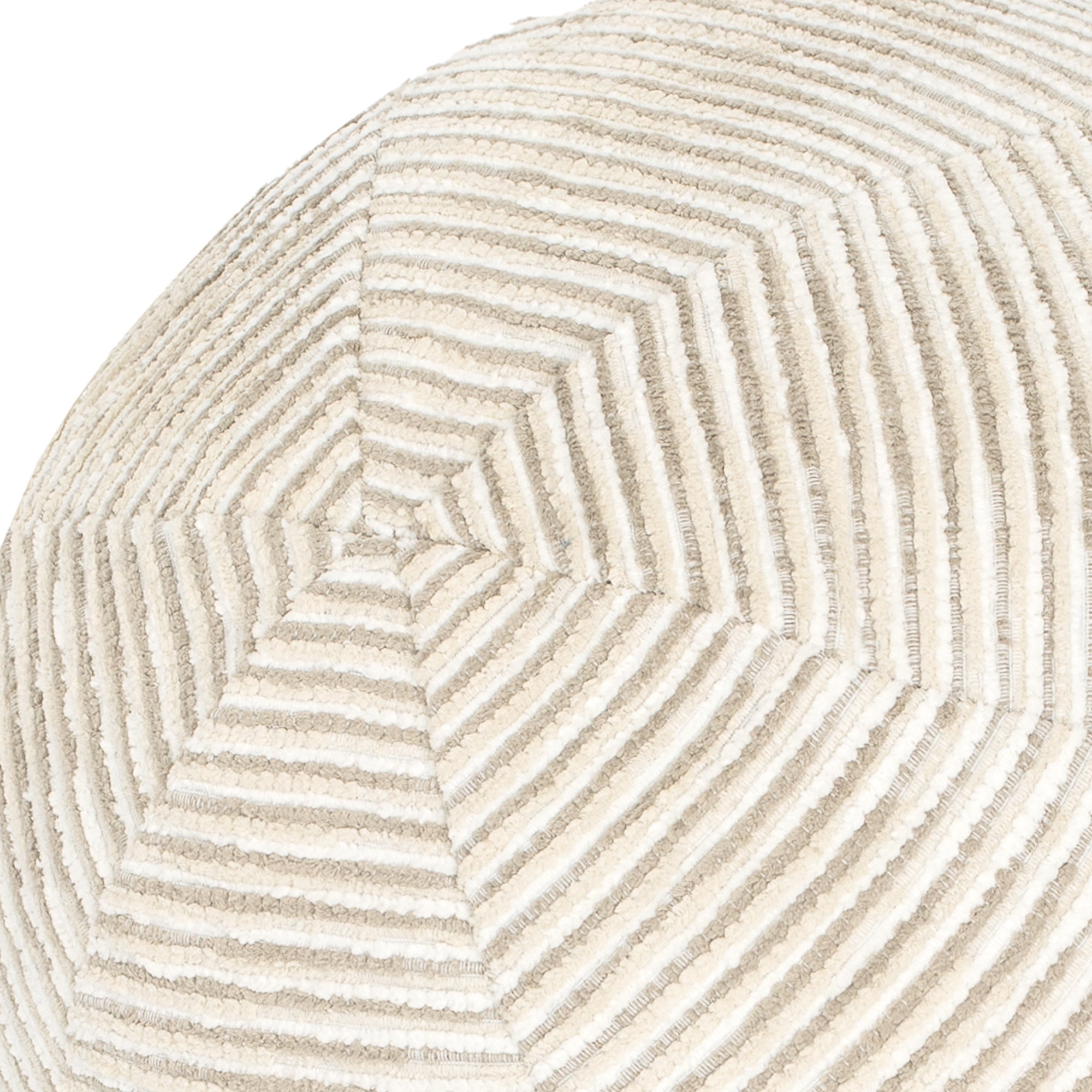 Detail image of Round ivory pillow with chenille finish for timeless indoor and outdoor decor