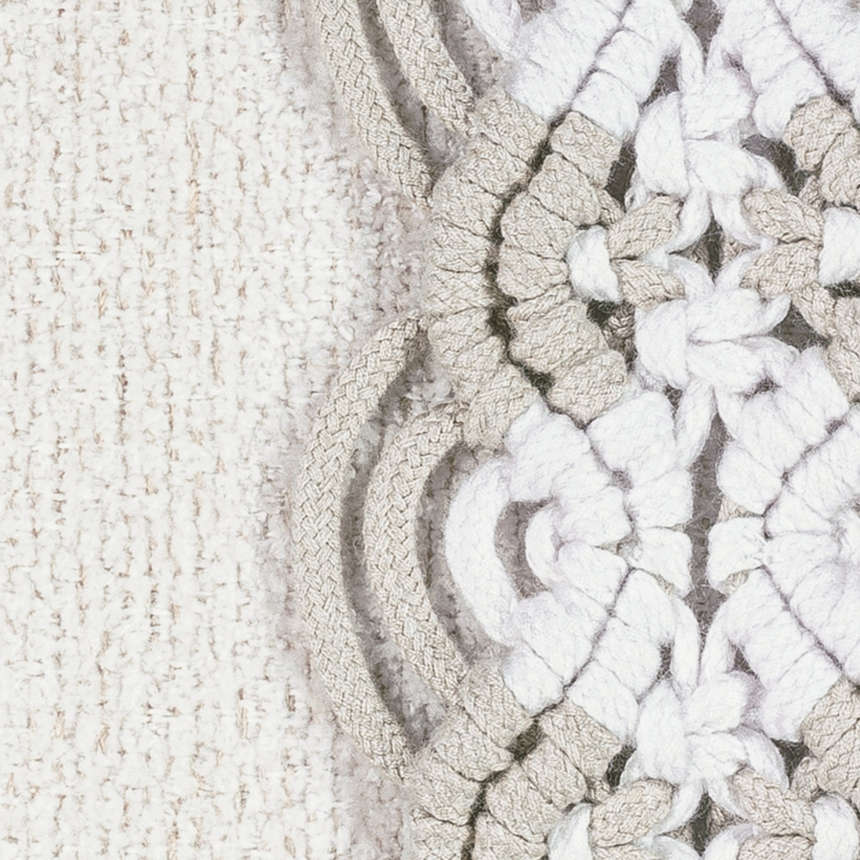 Detail image of Ivory outdoor pillow with macrame banding design, square size for timeless outdoor styling