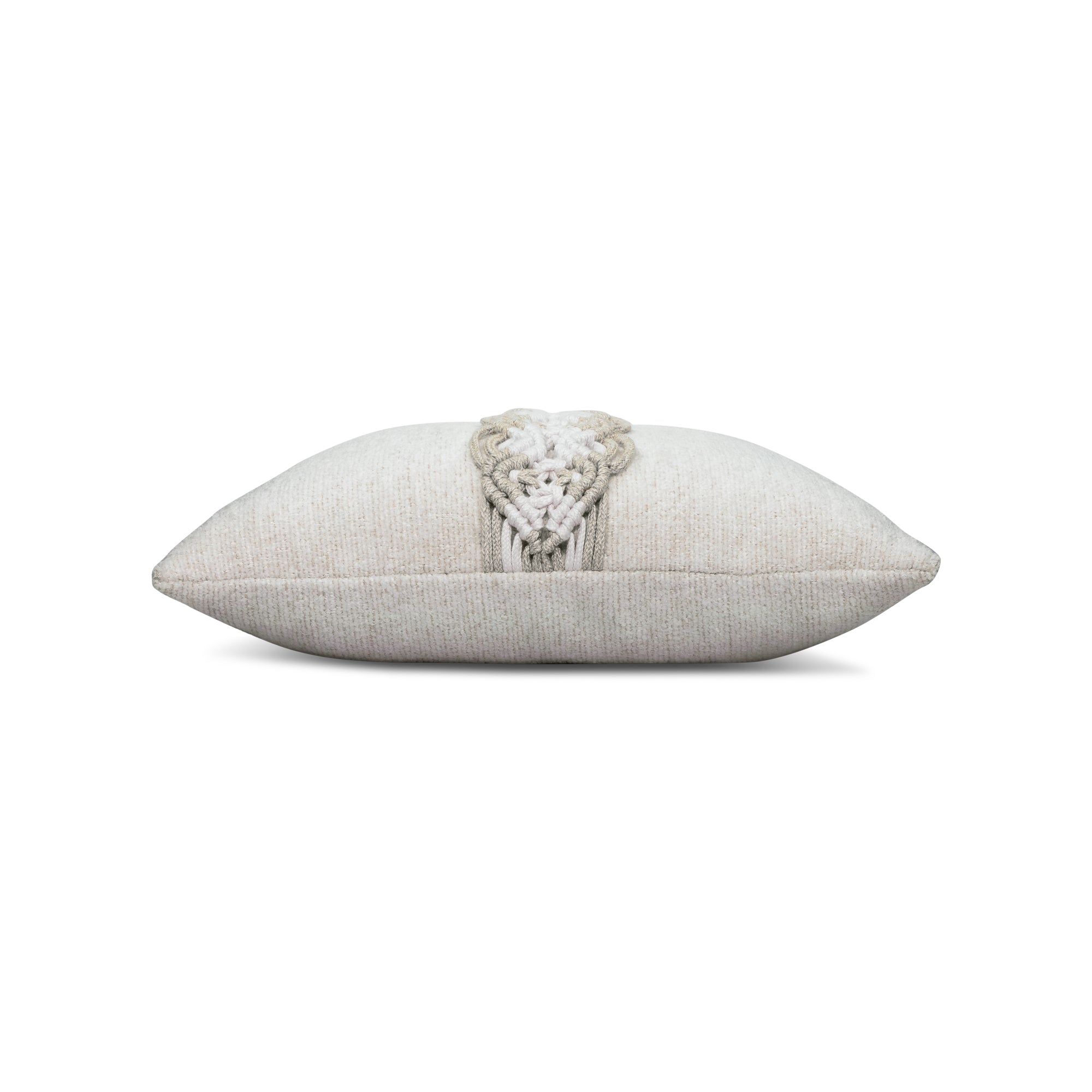 Side image of Ivory outdoor pillow with macrame banding design, square size for timeless outdoor styling
