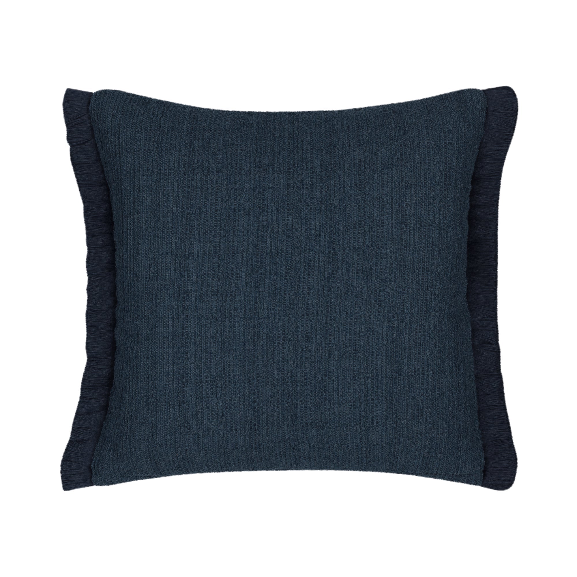 Back image of Indigo outdoor pillow with macrame banding design, square size for timeless outdoor styling